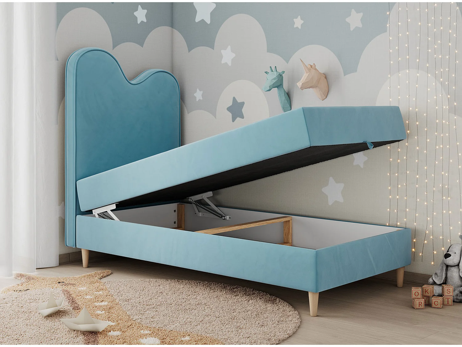 Kinderbett FLOW - Boxspringbett mit Stauraum, Einzelbett für Jugendliche, Bettkasten und hohe Kopfteil - 90x180 cm - Blau Velvet