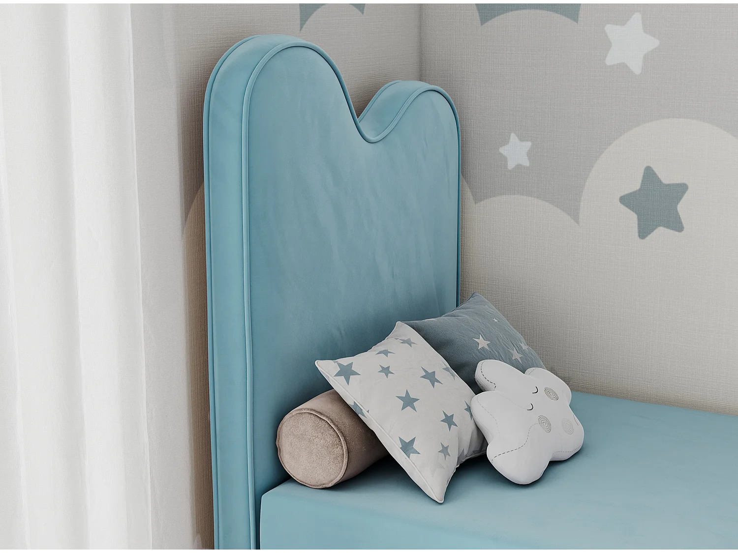 Kinderbett FLOW - Boxspringbett mit Stauraum, Einzelbett für Jugendliche, Bettkasten und hohe Kopfteil - 90x180 cm - Blau Velvet