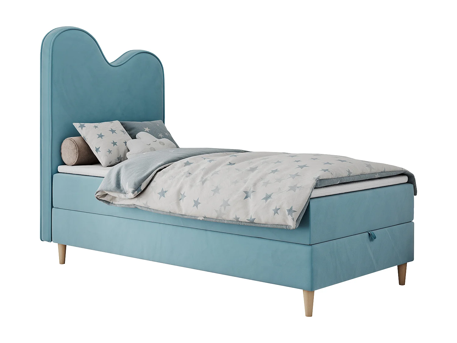 Kinderbett FLOW - Boxspringbett mit Stauraum, Einzelbett für Jugendliche, Bettkasten und hohe Kopfteil - 90x180 cm - Blau Velvet