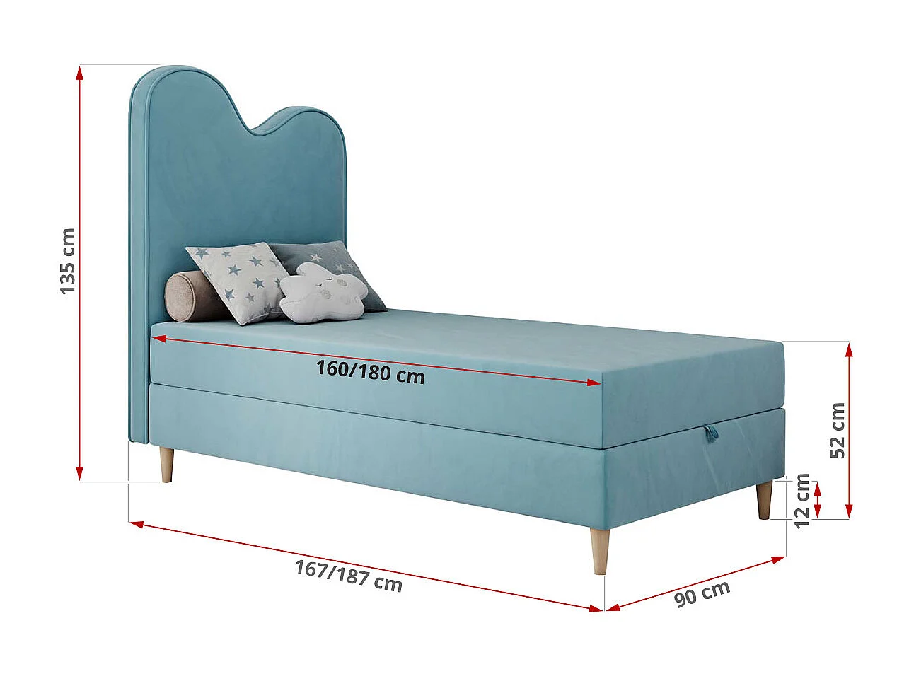 Kinderbett FLOW - Boxspringbett mit Stauraum, Einzelbett für Jugendliche, Bettkasten und hohe Kopfteil - 90x180 cm - Blau Velvet
