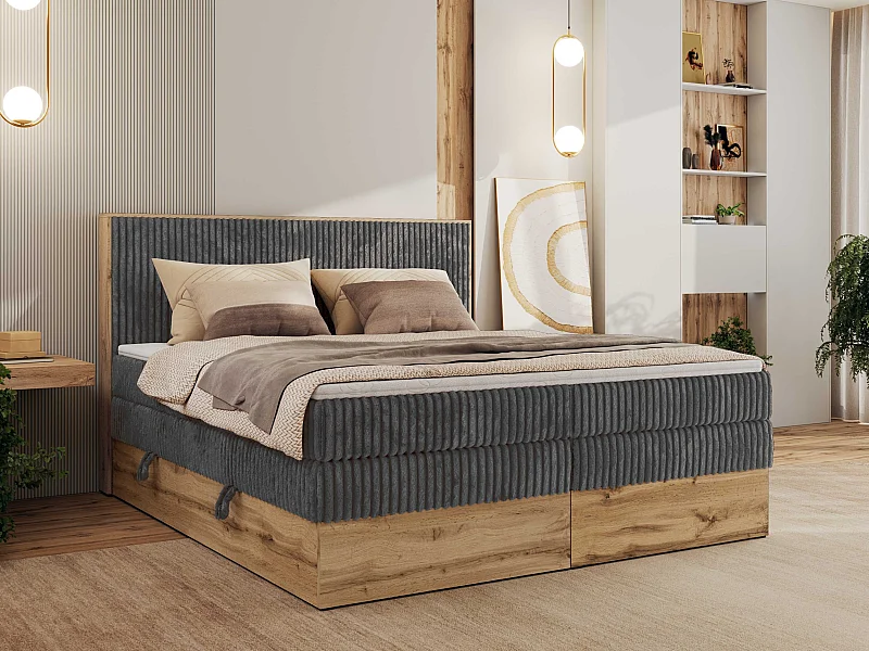 Boxspringbett WOOD CLASSIC KING - Polsterbett mit hohe Kopfteil, zwei Multipocket-Matratze, Bettkästen - 200x200 cm - H3 - Grau Cord