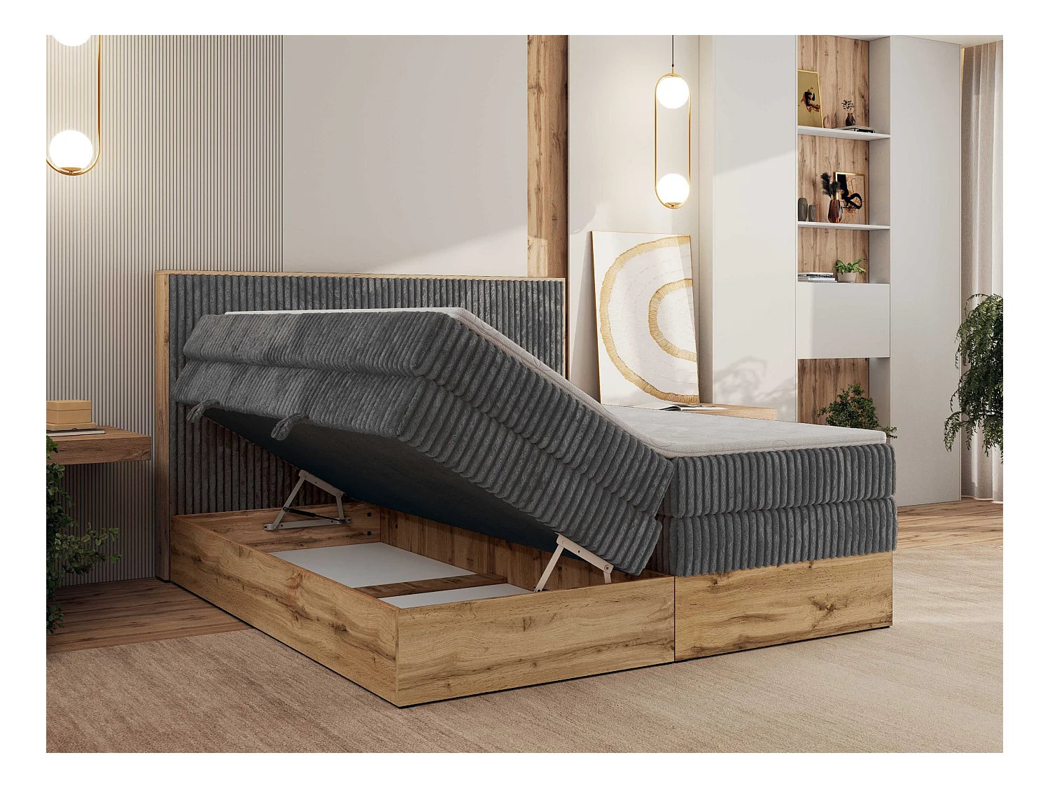 Boxspringbett WOOD CLASSIC KING - Polsterbett mit hohe Kopfteil, zwei Multipocket-Matratze, Bettkästen - 200x200 cm - H3 - Grau Cord