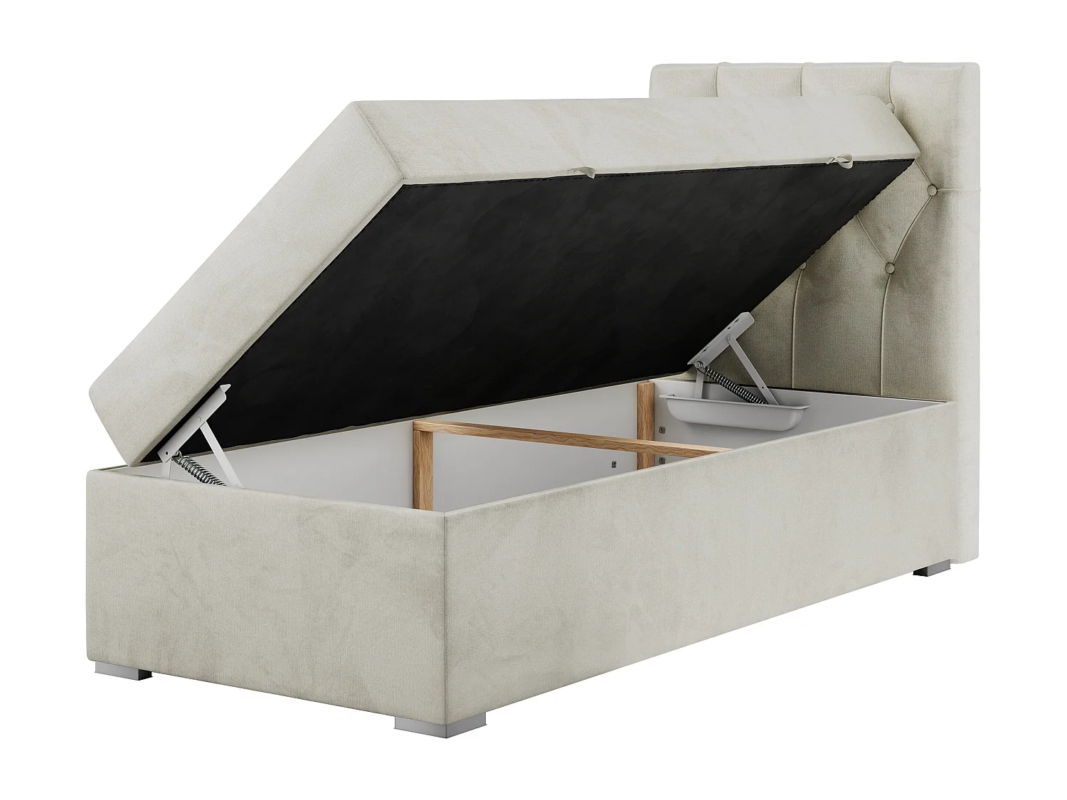 Boxspringbett ALDA - Einzelbett mit gestepptem Kopfteil, Multipocket-Matratze und Topper, Bettkasten - 90x200 cm - H3 - Beige Velvet - Rechts Seite