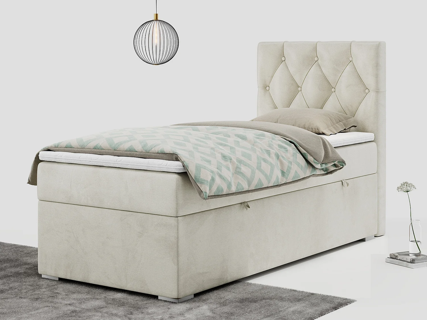 Boxspringbett ALDA - Einzelbett mit gestepptem Kopfteil, Multipocket-Matratze und Topper, Bettkasten - 90x200 cm - H3 - Beige Velvet - Rechts Seite