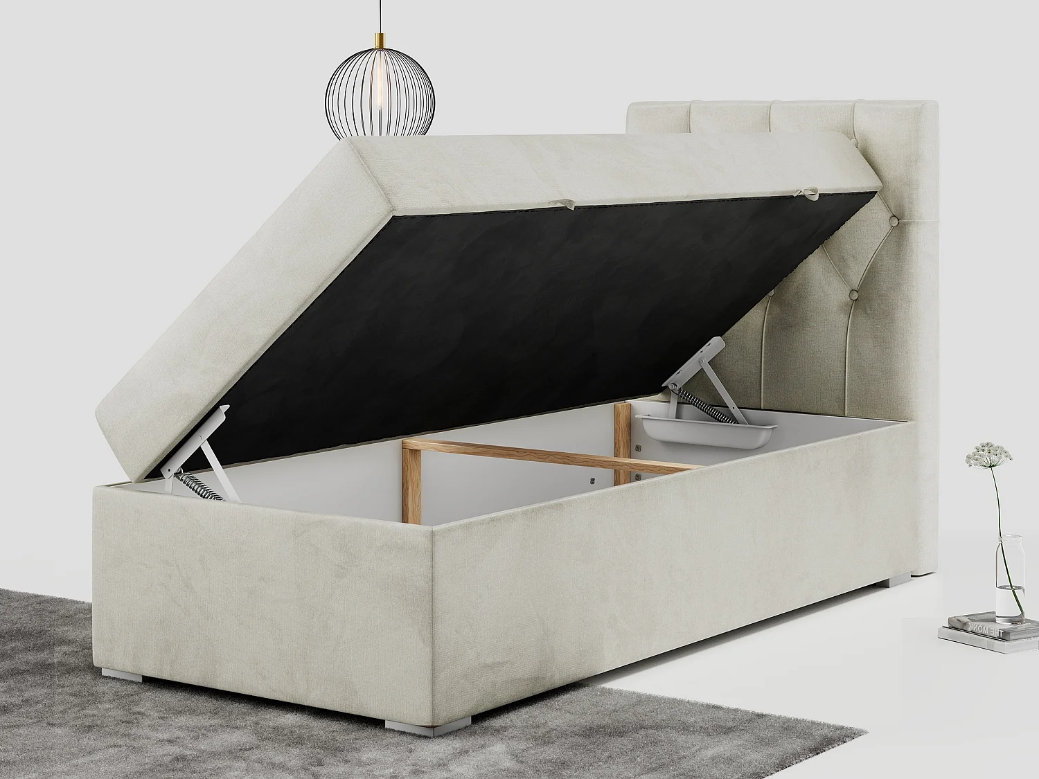 Boxspringbett ALDA - Einzelbett mit gestepptem Kopfteil, Multipocket-Matratze und Topper, Bettkasten - 90x200 cm - H3 - Beige Velvet - Rechts Seite
