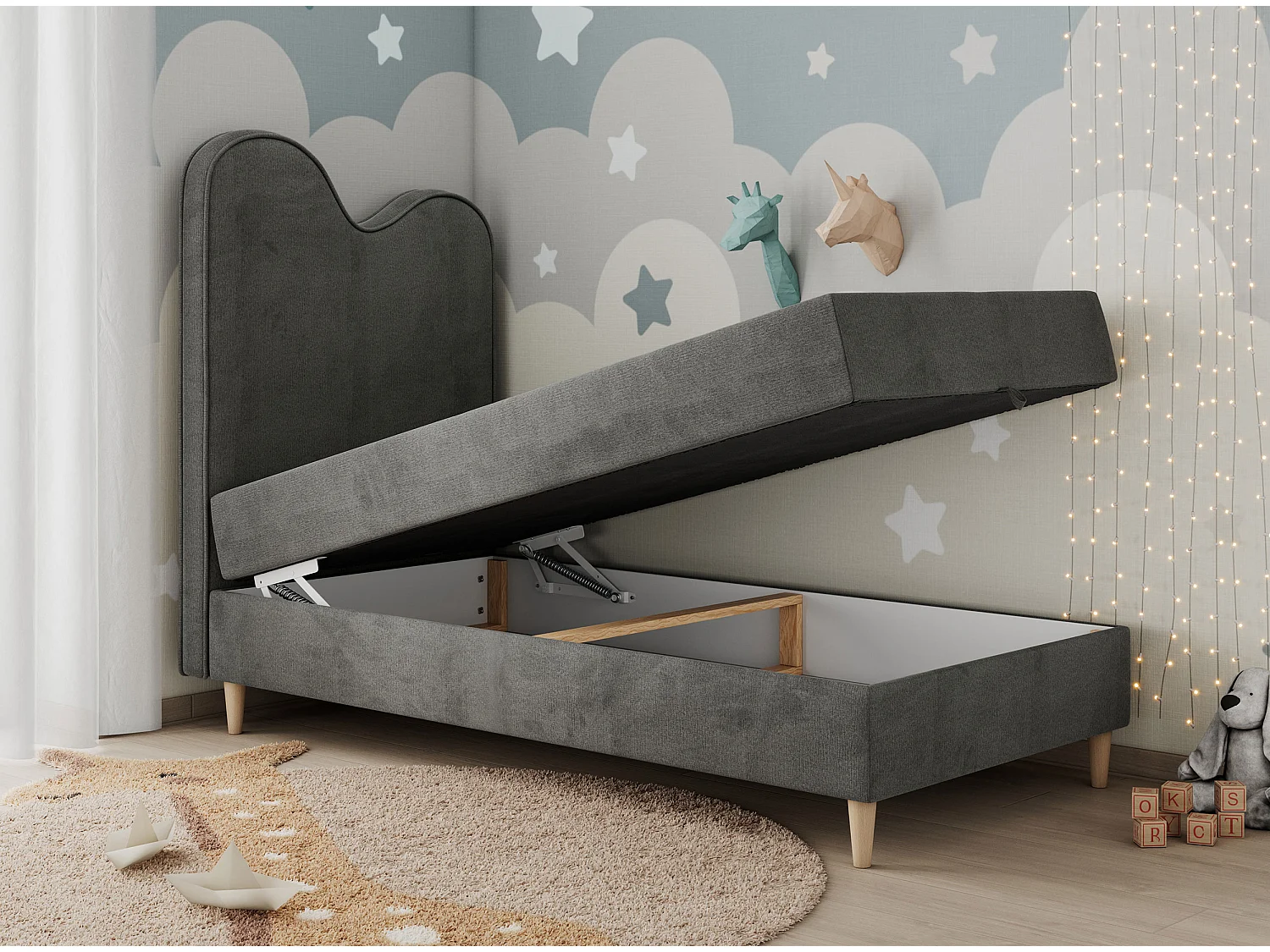 Kinderbett FLOW - Boxspringbett mit Stauraum, Einzelbett für Jugendliche, Bettkasten und hohe Kopfteil - 90x180 cm - Dunkelgrau Velvet
