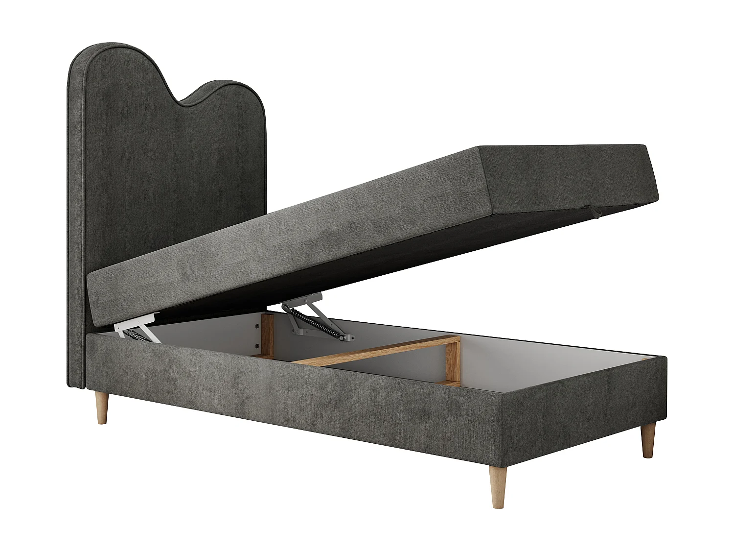 Kinderbett FLOW - Boxspringbett mit Stauraum, Einzelbett für Jugendliche, Bettkasten und hohe Kopfteil - 90x180 cm - Dunkelgrau Velvet