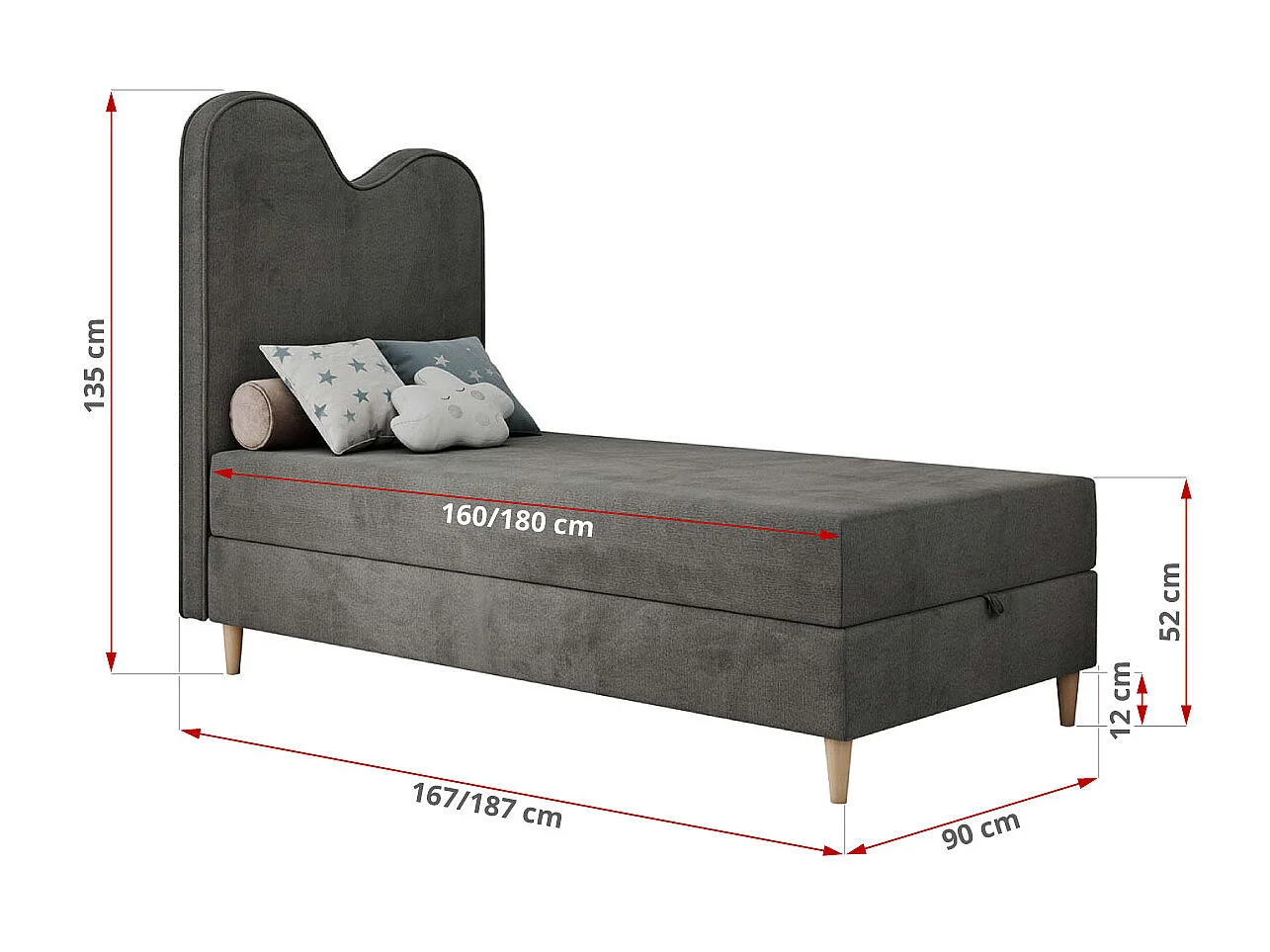 Kinderbett FLOW - Boxspringbett mit Stauraum, Einzelbett für Jugendliche, Bettkasten und hohe Kopfteil - 90x180 cm - Dunkelgrau Velvet