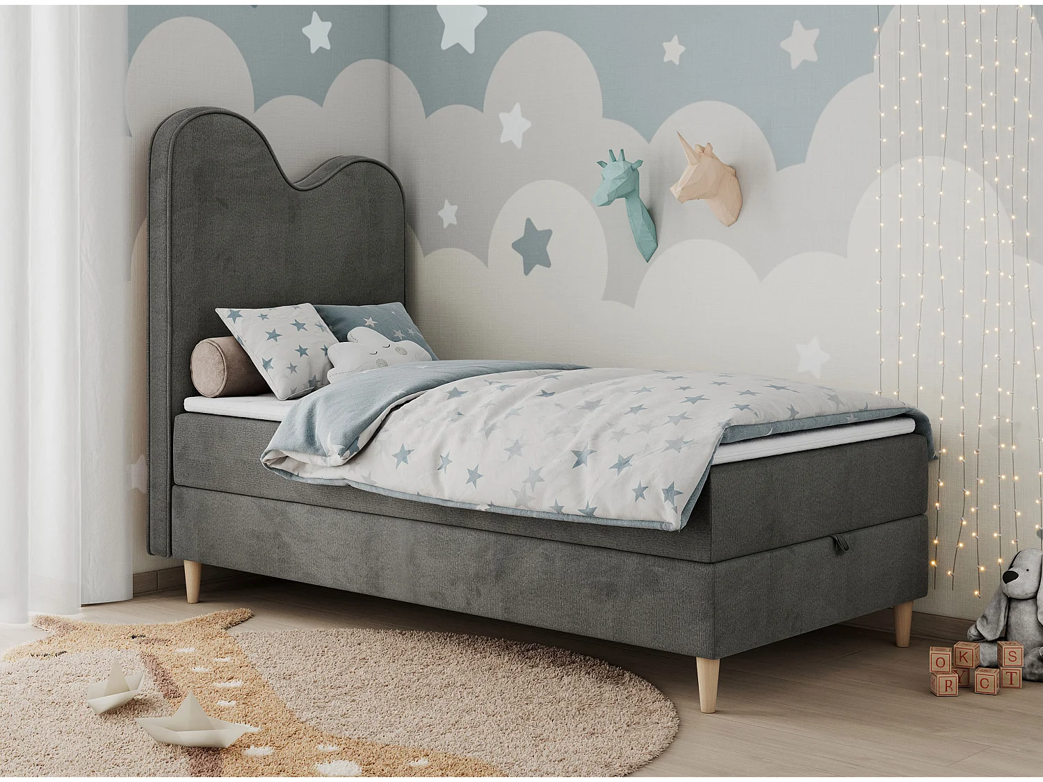 Kinderbett FLOW - Boxspringbett mit Stauraum, Einzelbett für Jugendliche, Bettkasten und hohe Kopfteil - 90x180 cm - Dunkelgrau Velvet