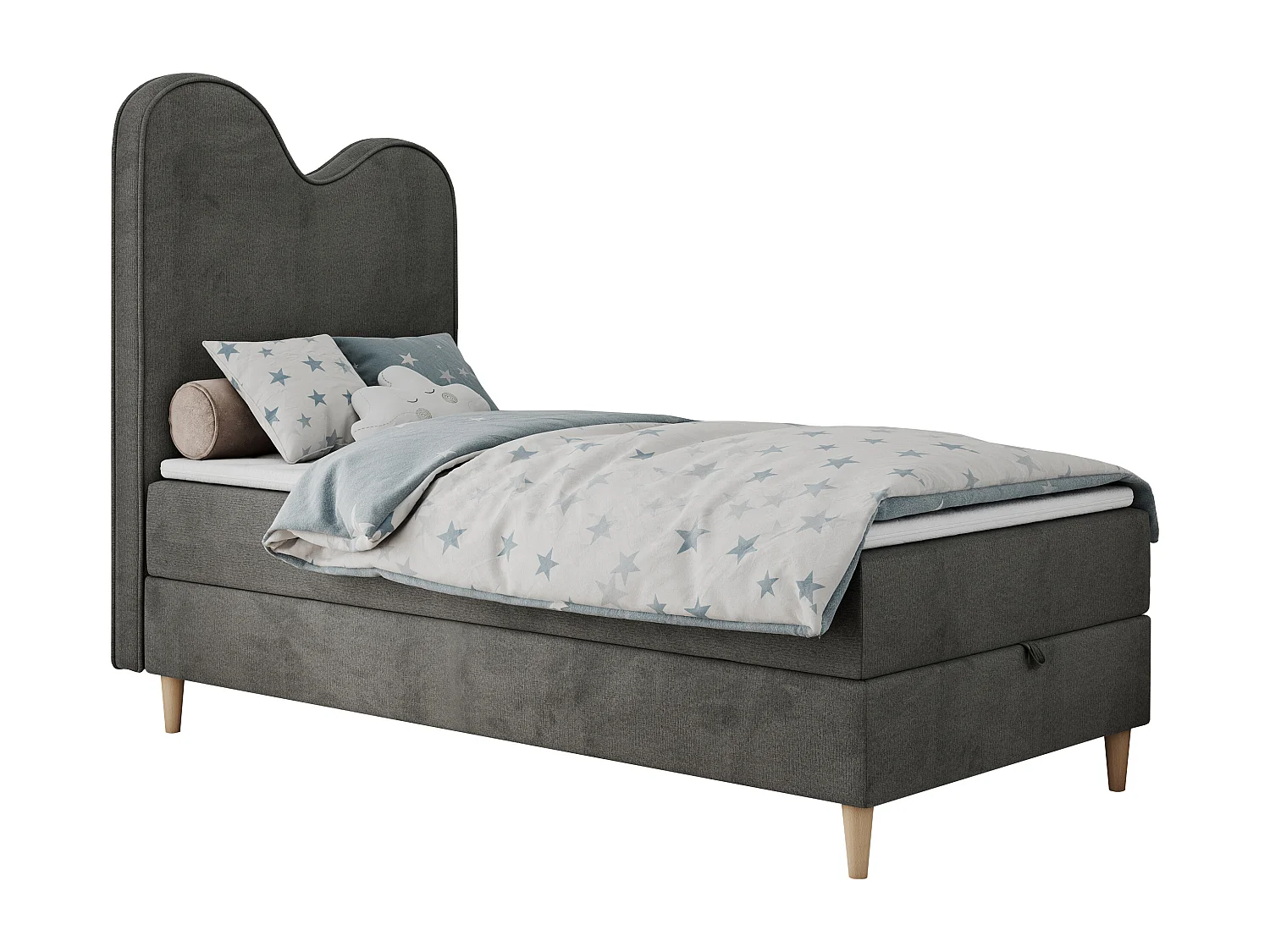 Kinderbett FLOW - Boxspringbett mit Stauraum, Einzelbett für Jugendliche, Bettkasten und hohe Kopfteil - 90x180 cm - Dunkelgrau Velvet
