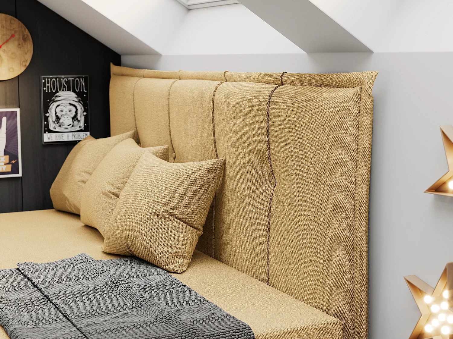 Kinderbett BANCO - Einzelbett für Jugendliche, Set mit Kopfteil und Matratze, Boxspringbett, Bettkasten - 90x200 cm - Gelb Strukture