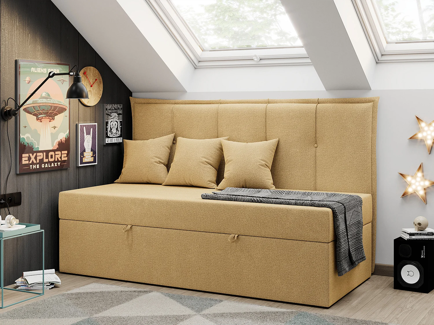 Kinderbett BANCO - Einzelbett für Jugendliche, Set mit Kopfteil und Matratze, Boxspringbett, Bettkasten - 90x200 cm - Gelb Strukture