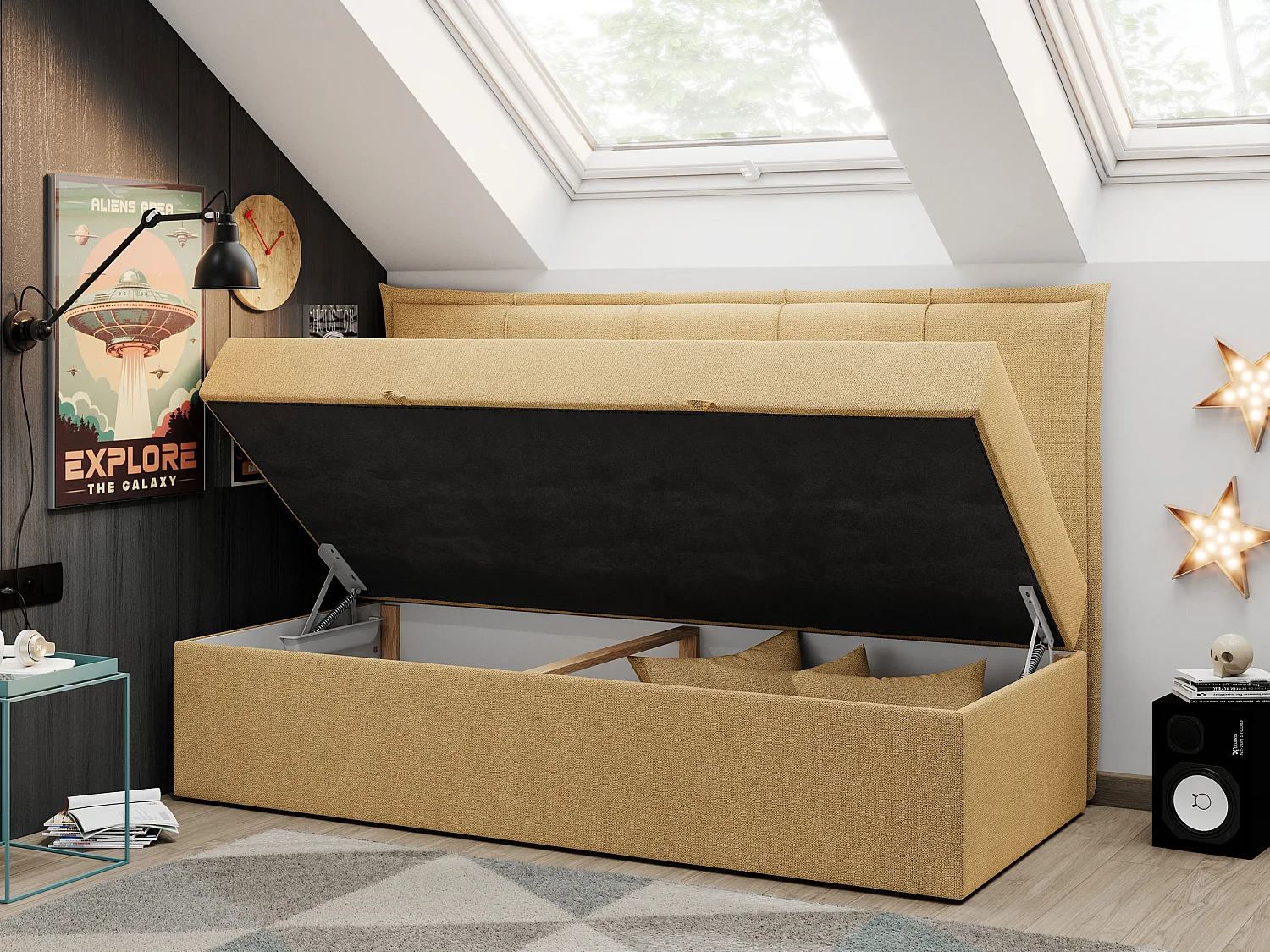 Kinderbett BANCO - Einzelbett für Jugendliche, Set mit Kopfteil und Matratze, Boxspringbett, Bettkasten - 90x200 cm - Gelb Strukture