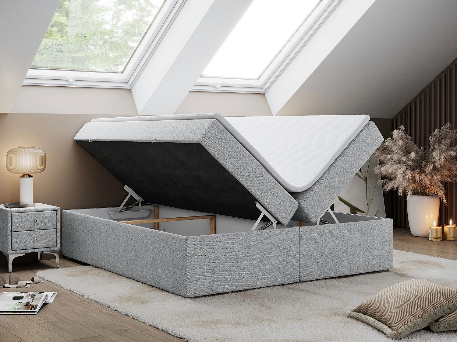 Boxspringbett BESS - Doppelbett mit Stauraum, Polsterbett, Multipocket-Matratzen und Topper - 180x200 cm - H3 - Hellgrau Strukture