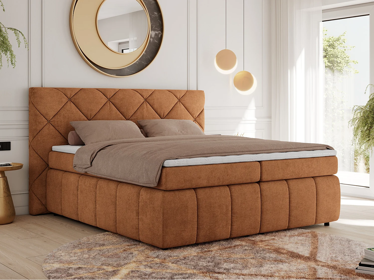 Boxspringbett RITA - Set mit Kopfteil, Multipocket-Matratze und Topper, Doppelbett für Schlafzimmer - 140x200 cm - H3 - Orange Strukture