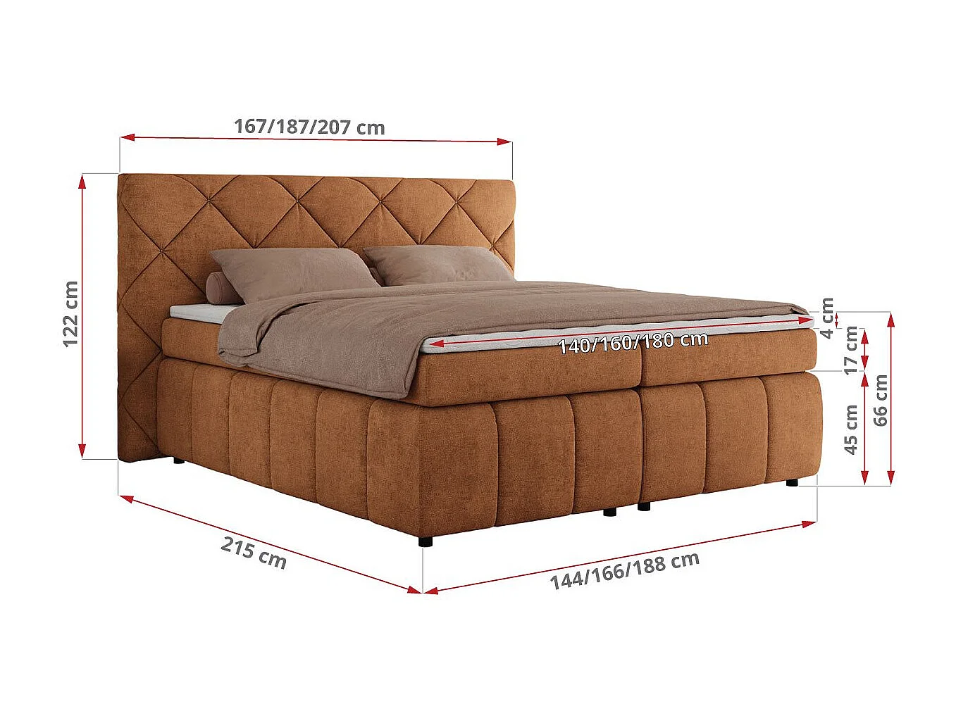 Boxspringbett RITA - Set mit Kopfteil, Multipocket-Matratze und Topper, Doppelbett für Schlafzimmer - 140x200 cm - H3 - Orange Strukture