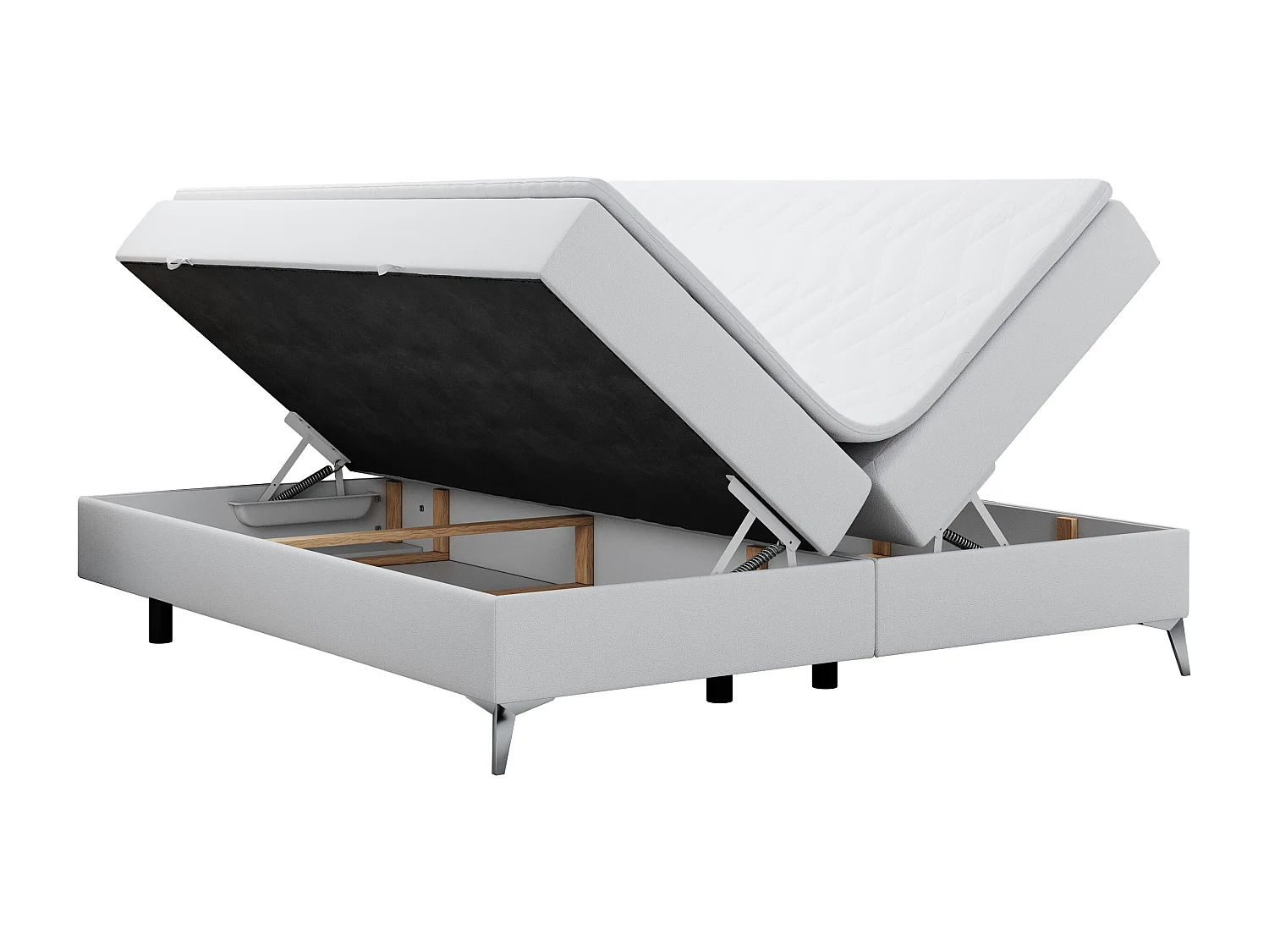 Boxspringbett LESS - Doppelbett mit zwei Bettkästen, 7 Härtezonen Multipocket-Matratzen, hohe Metallbeine - 160x200 cm - H3 - Weiß Kunstleder