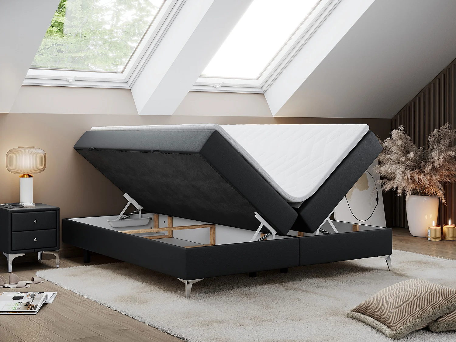 Boxspringbett LESS - Doppelbett mit zwei Bettkästen, 7 Härtezonen Multipocket-Matratzen, hohe Metallbeine - 180x200 cm - H4 - Schwarz Kunstleder