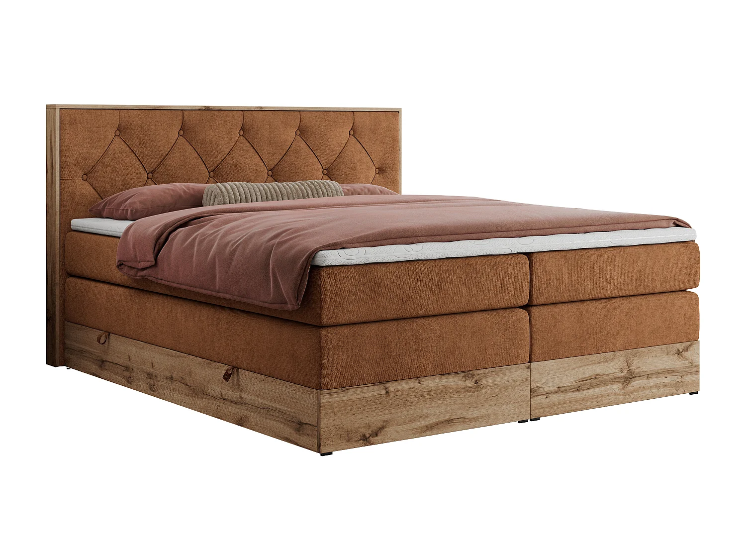 Boxspringbett VENETO KING - Polsterbett mit Multipocket-Matratzen und Kopfteil, Holzrahmen, zwei Bettkästen - 160x200 cm - H3 - Orange Strukture