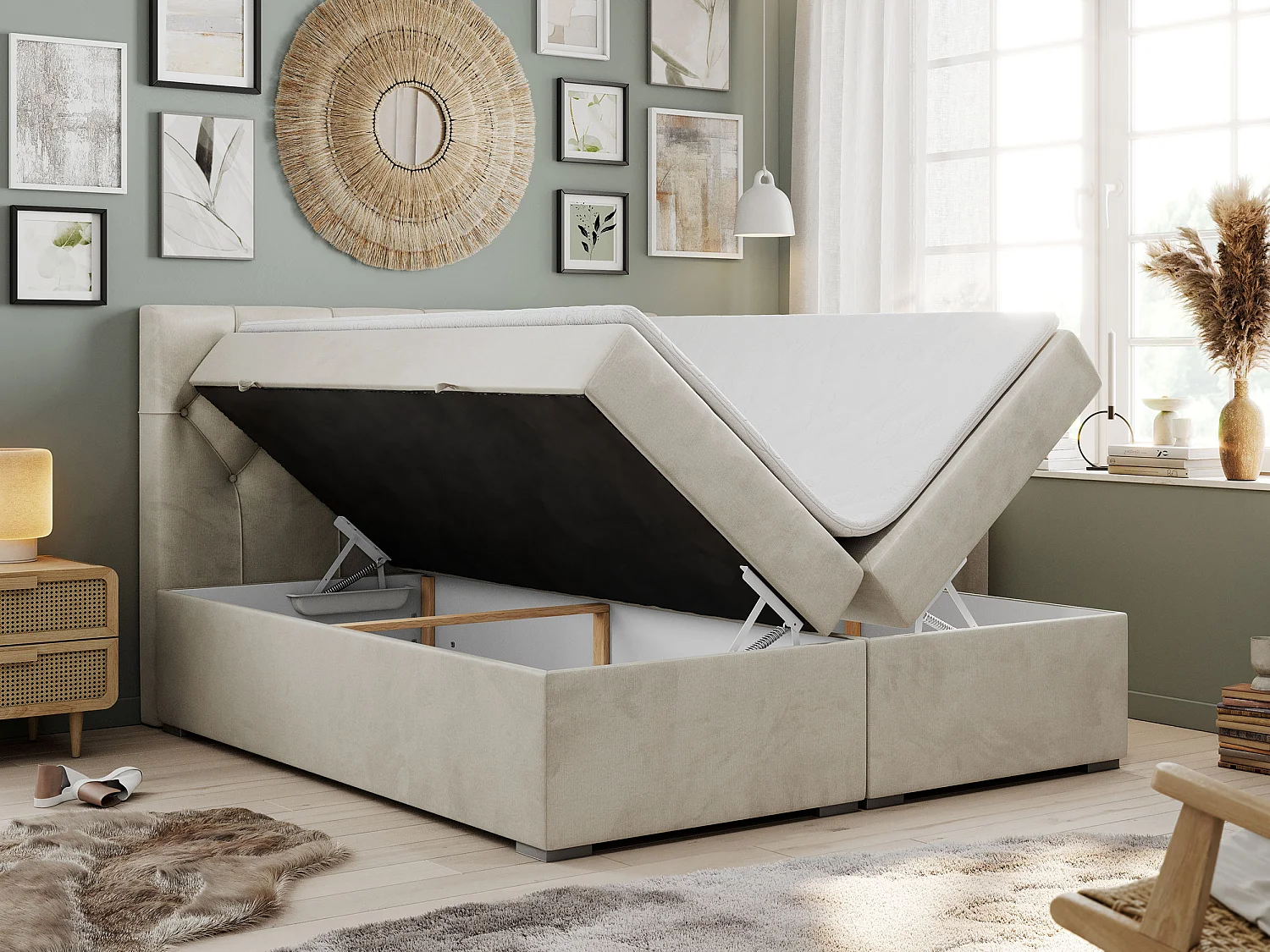 Boxspringbett ALDA - Doppelbett mit gestepptem Kopfteil, Multipocket-Matratze und Topper, zwei Bettkästen - 180x200 cm - H3 - Beige Velvet