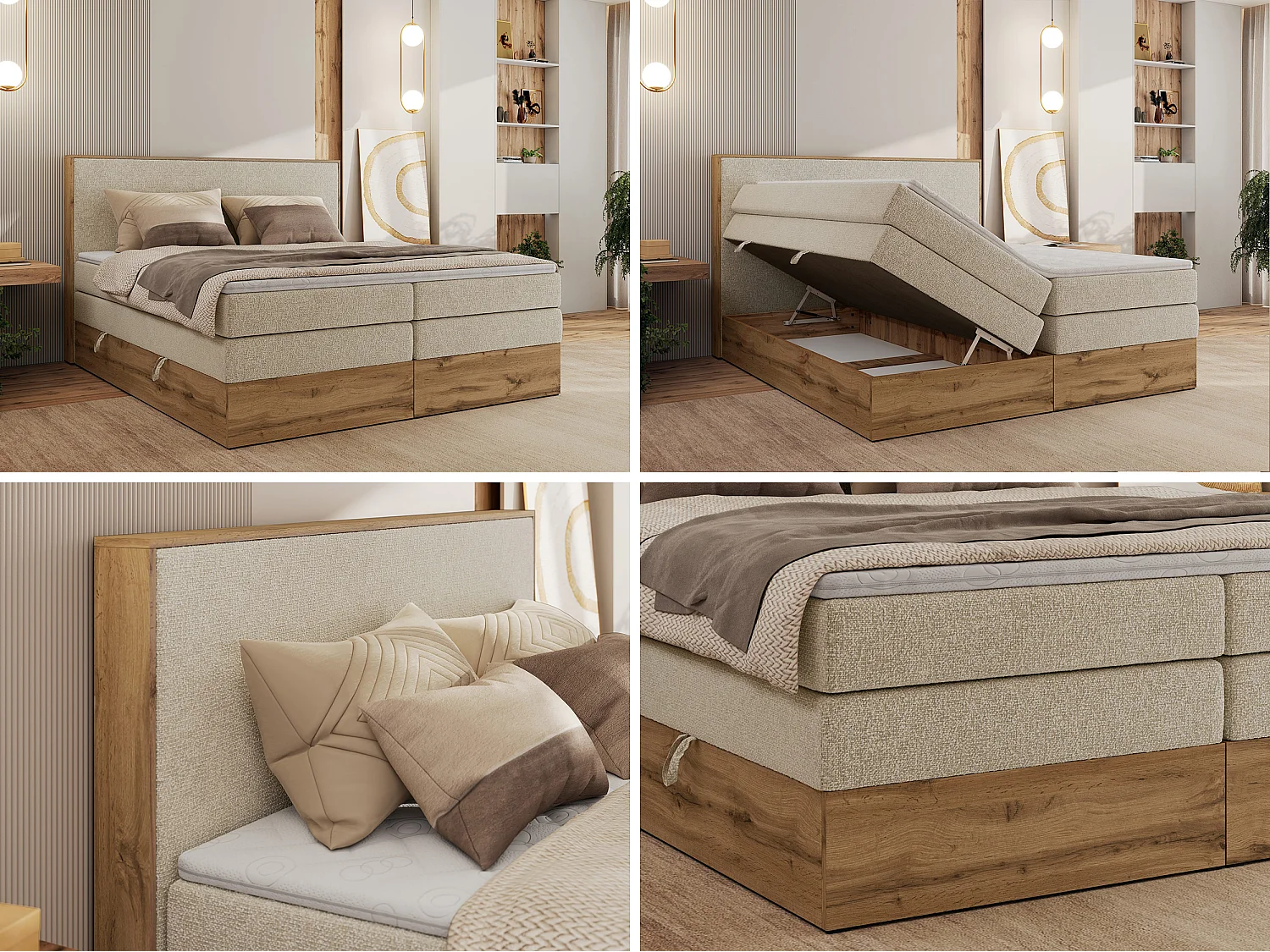Boxspringbett WOOD CLASSIC KING - Polsterbett mit hohe Kopfteil, zwei Multipocket-Matratze, Bettkästen - 200x200 cm - H4 - Creme Strukture