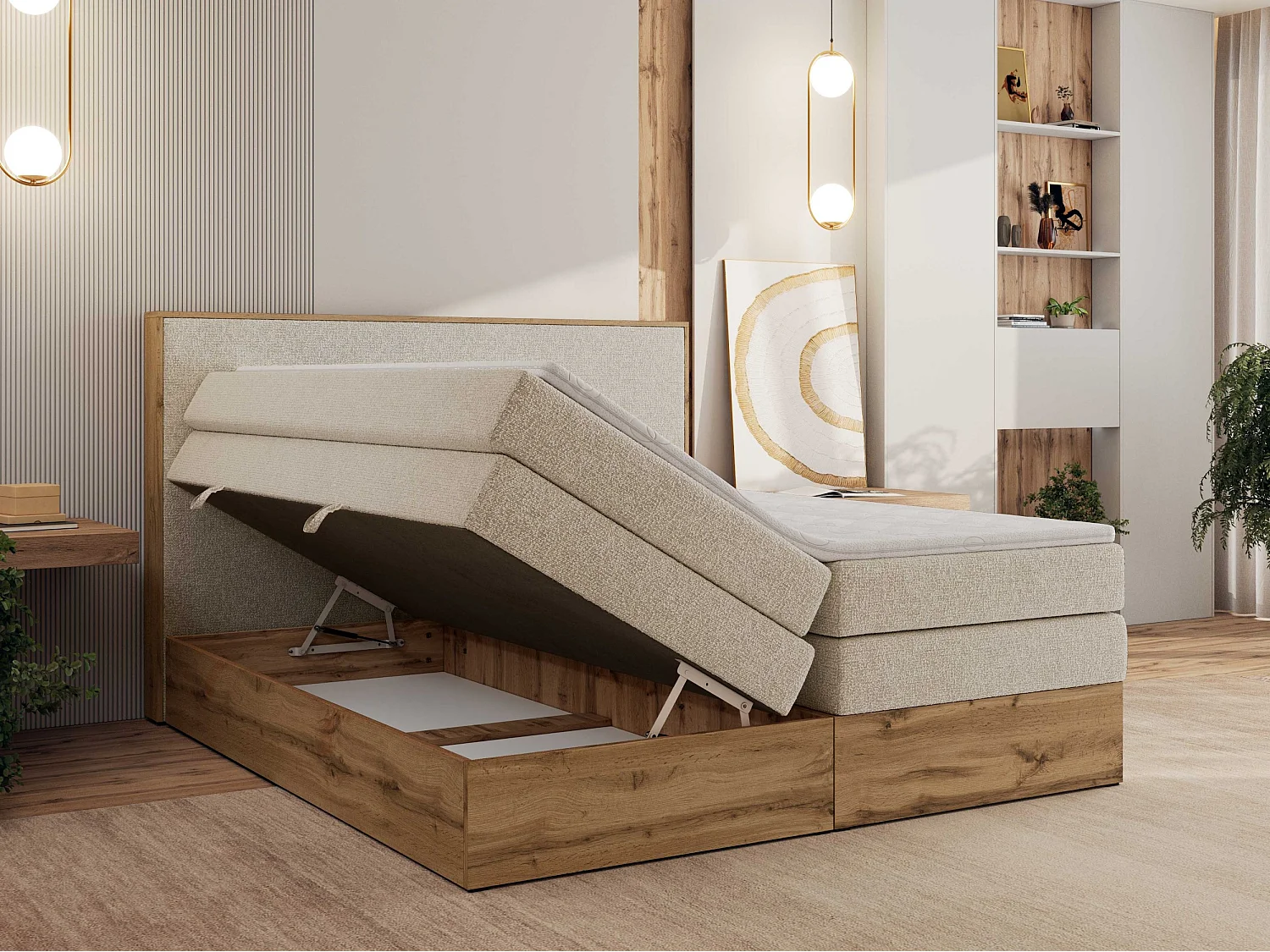 Boxspringbett WOOD CLASSIC KING - Polsterbett mit hohe Kopfteil, zwei Multipocket-Matratze, Bettkästen - 200x200 cm - H4 - Creme Strukture