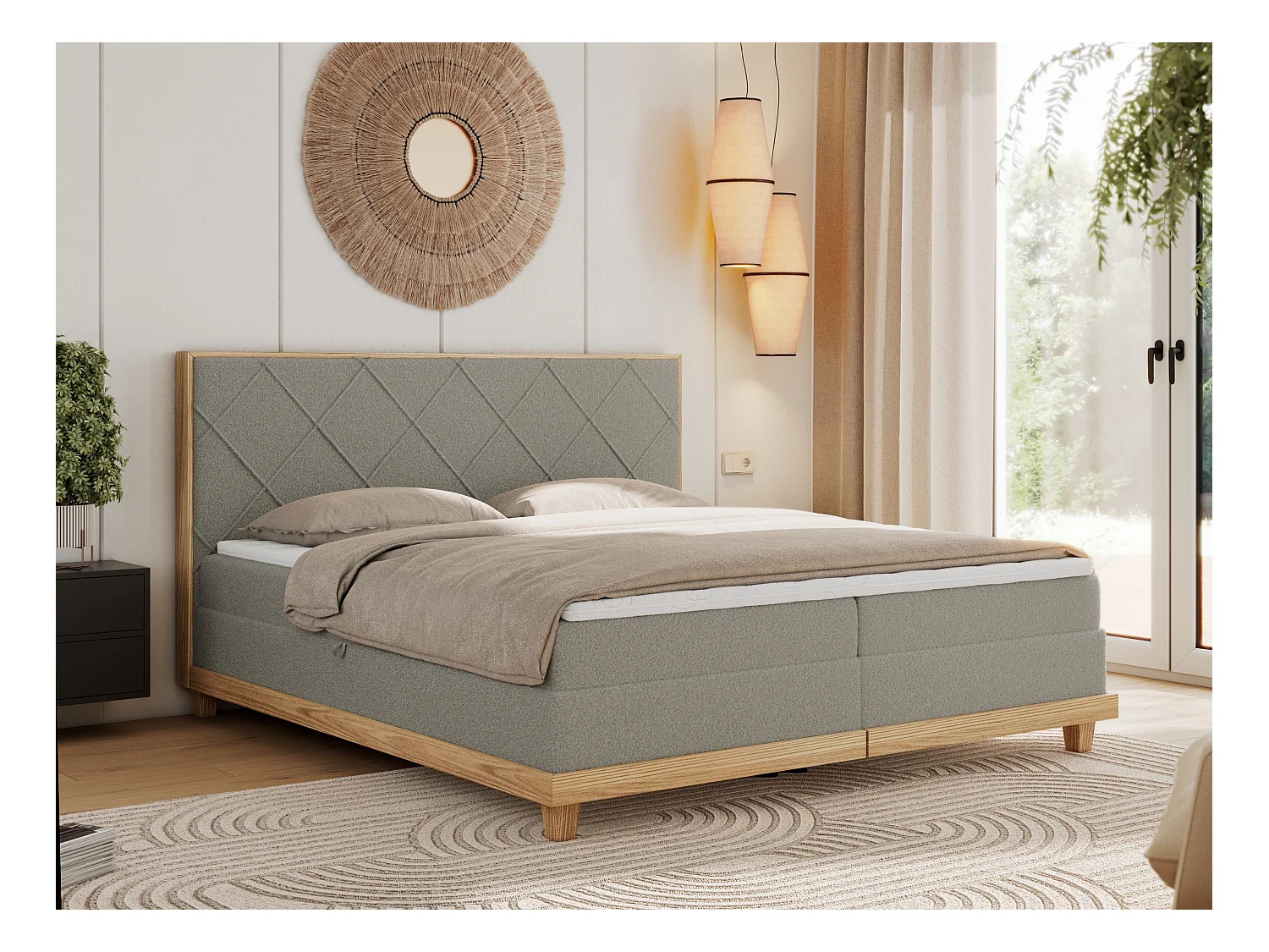 Boxspringbett CAICOS - mit gestepptem Kopfteil, Multipocket-Matratze und Topper, Holzelementen - 180x200 cm - H4 - Hellgrau Boucle