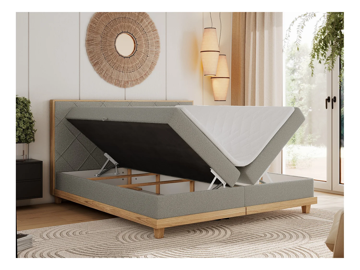 Boxspringbett CAICOS - mit gestepptem Kopfteil, Multipocket-Matratze und Topper, Holzelementen - 180x200 cm - H4 - Hellgrau Boucle