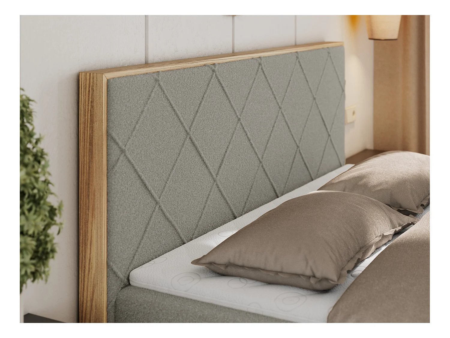Boxspringbett CAICOS - mit gestepptem Kopfteil, Multipocket-Matratze und Topper, Holzelementen - 180x200 cm - H4 - Hellgrau Boucle