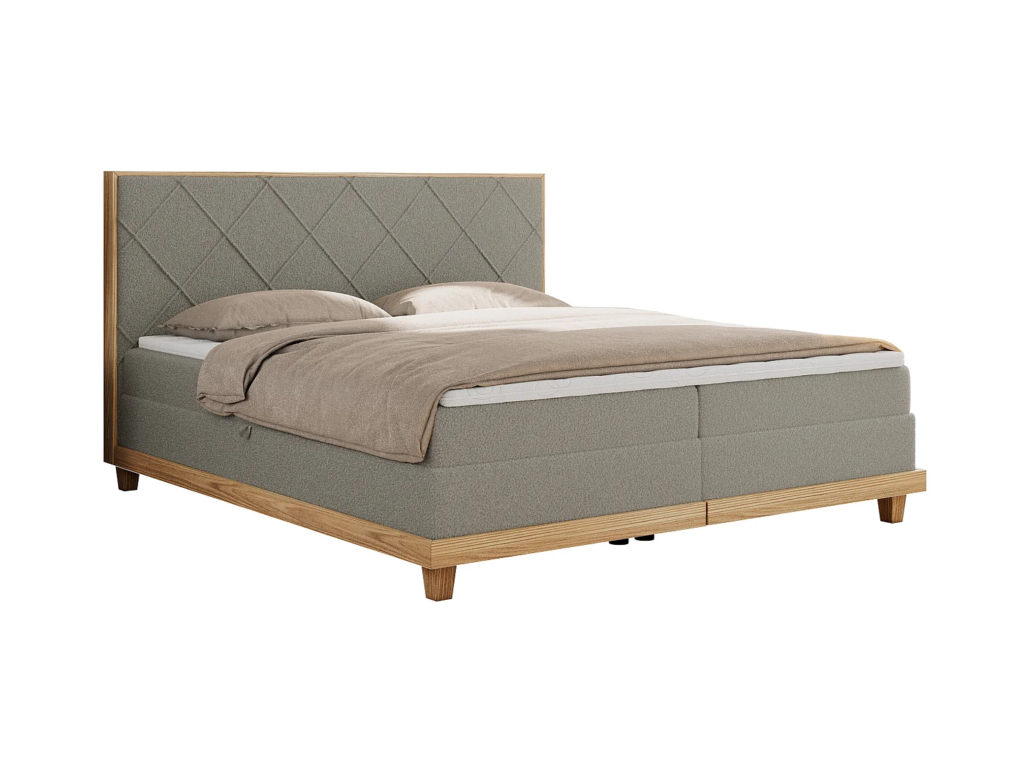 Boxspringbett CAICOS - mit gestepptem Kopfteil, Multipocket-Matratze und Topper, Holzelementen - 180x200 cm - H4 - Hellgrau Boucle