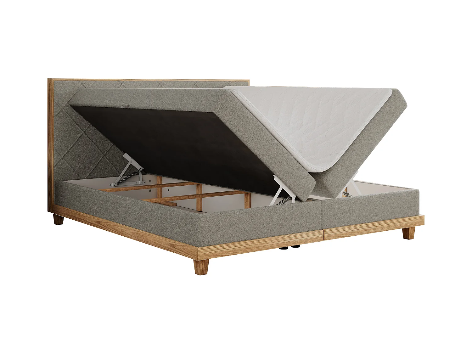 Boxspringbett CAICOS - mit gestepptem Kopfteil, Multipocket-Matratze und Topper, Holzelementen - 180x200 cm - H4 - Hellgrau Boucle