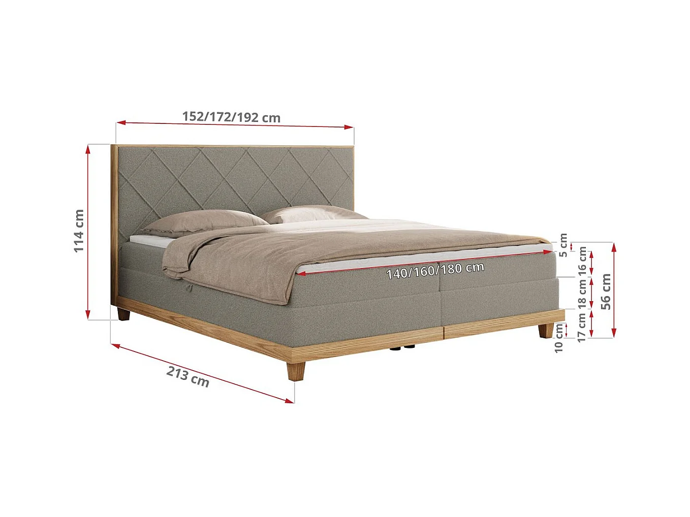 Boxspringbett CAICOS - mit gestepptem Kopfteil, Multipocket-Matratze und Topper, Holzelementen - 180x200 cm - H4 - Hellgrau Boucle