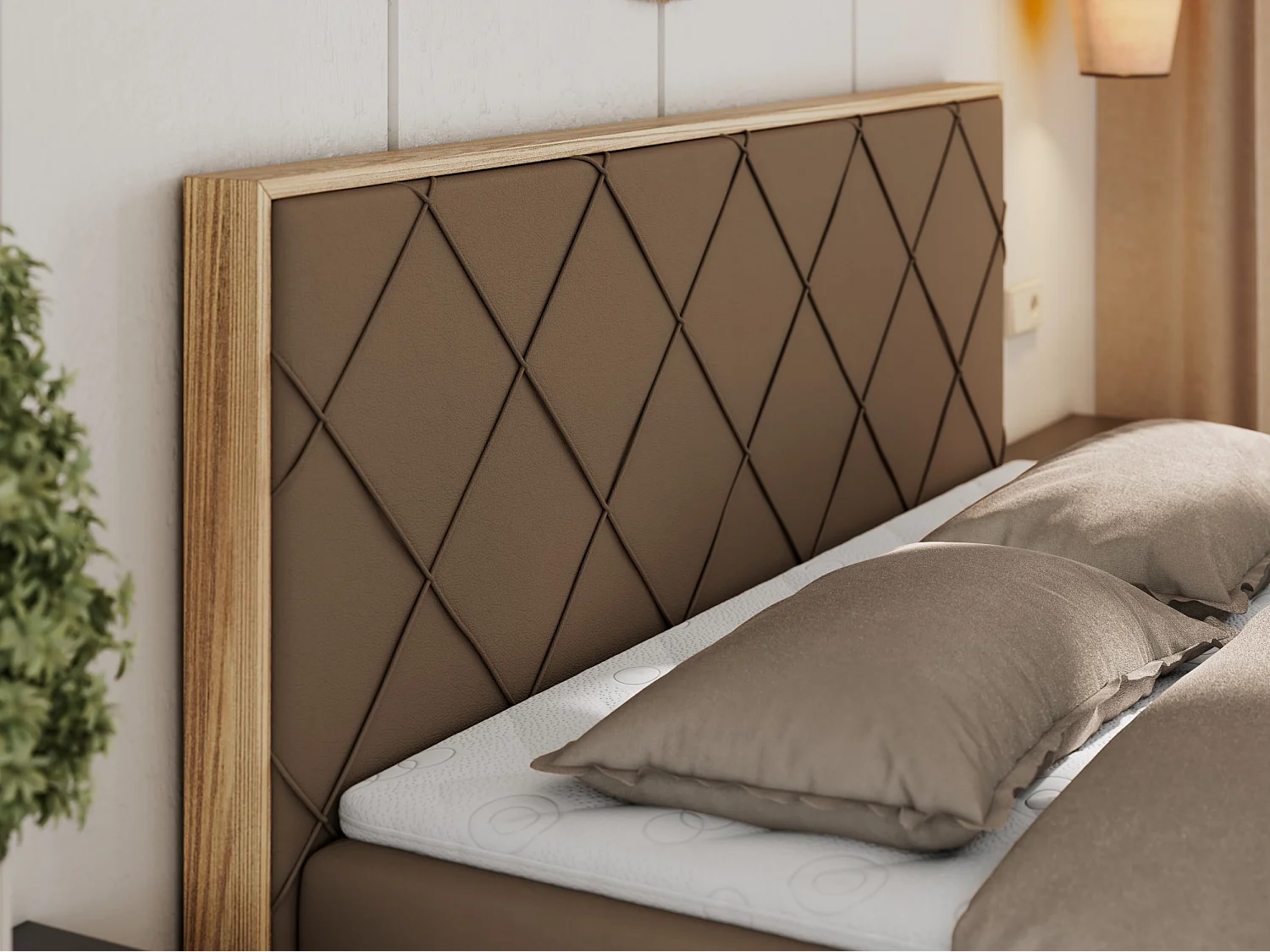 Boxspringbett CAICOS - mit gestepptem Kopfteil, Multipocket-Matratze und Topper, Holzelementen - 140x200 cm - H3 - Braun Kunstleder