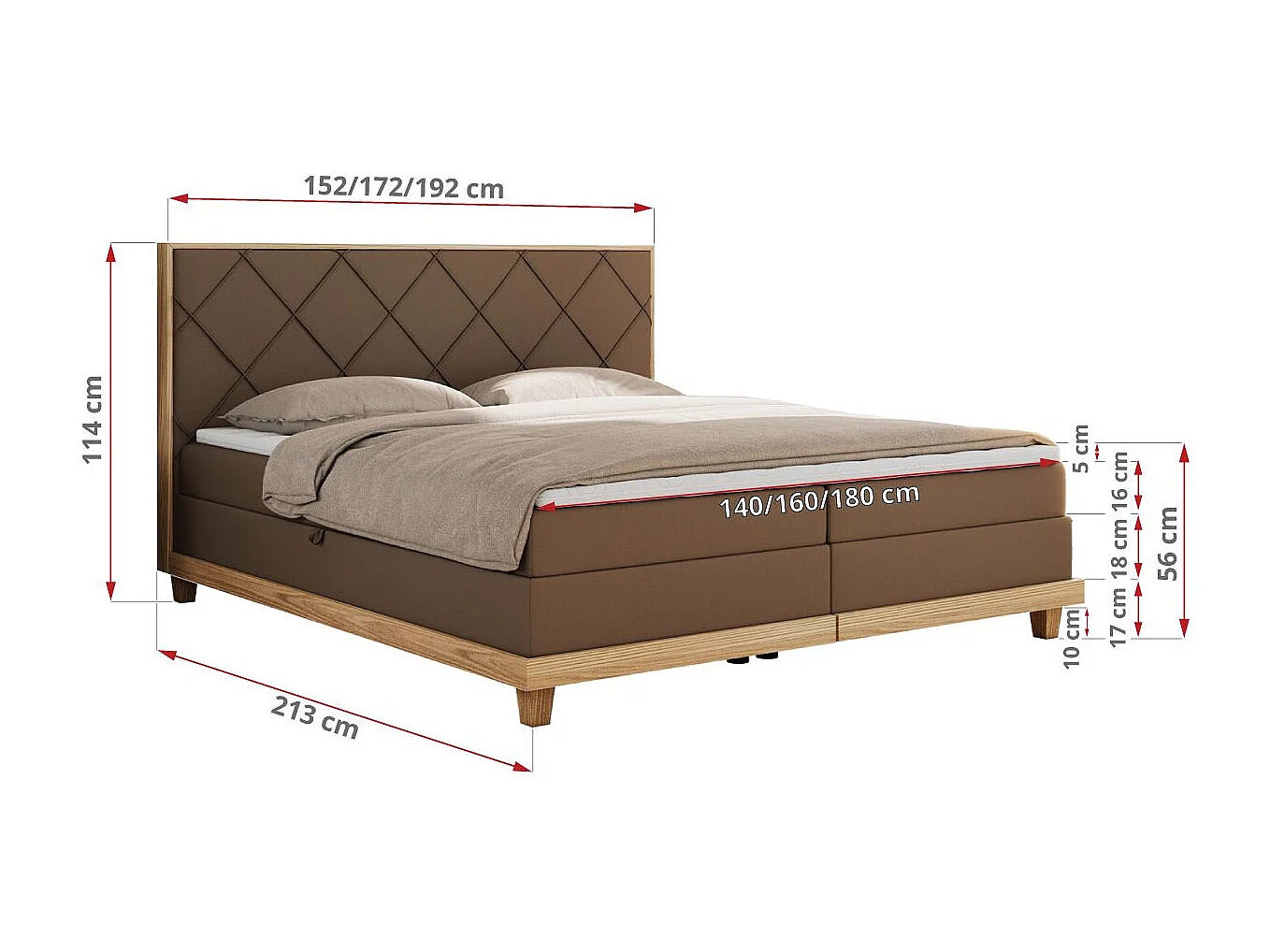 Boxspringbett CAICOS - mit gestepptem Kopfteil, Multipocket-Matratze und Topper, Holzelementen - 140x200 cm - H3 - Braun Kunstleder