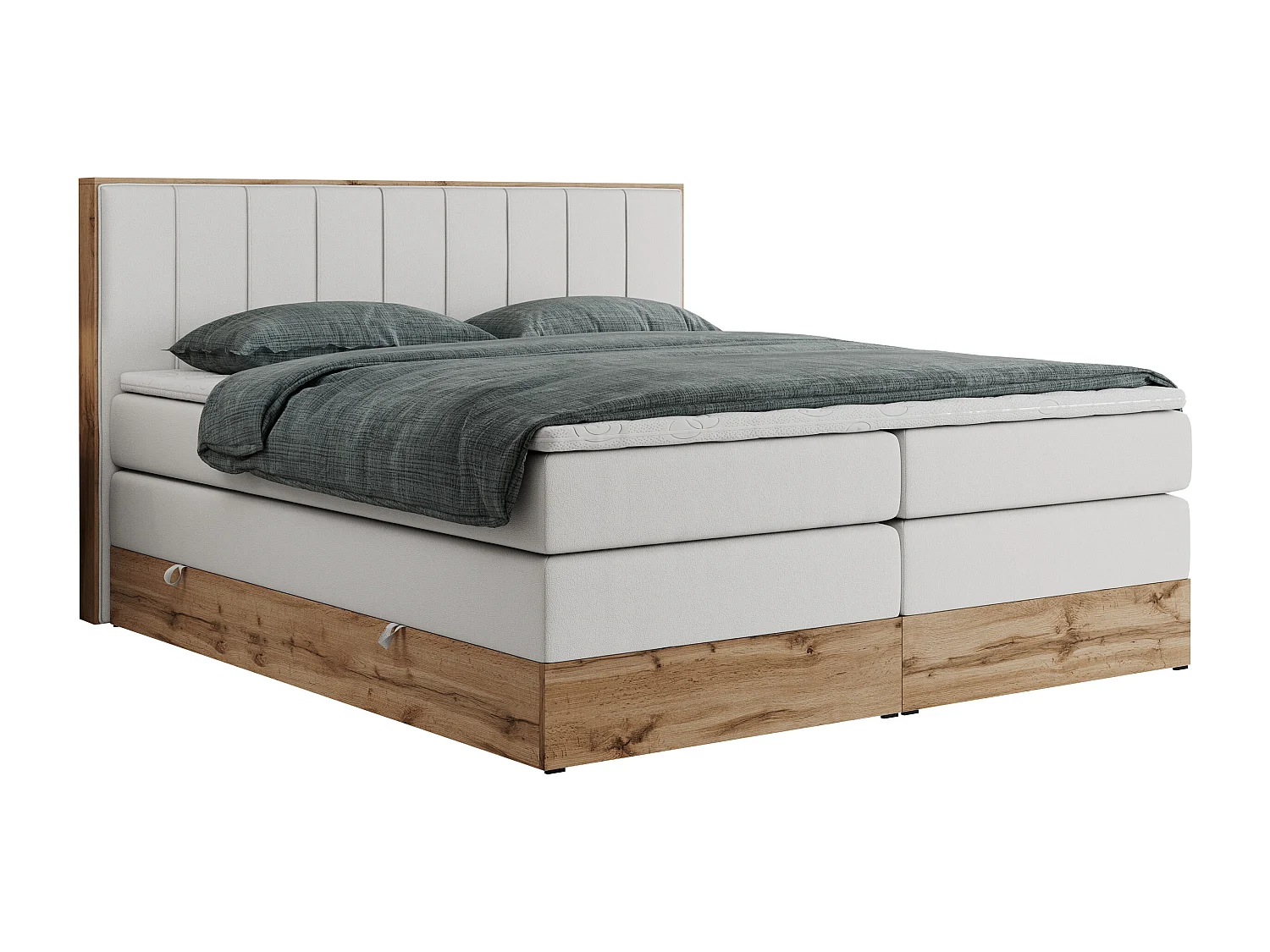 Boxspringbett BELLISSIMO KING - für Schlafzimmer, zwei Multipocket-Matratzen, Set mit Kopfteil und Topper, Holzrahmen - 160x200 cm - H4 - Weiß Kunstleder