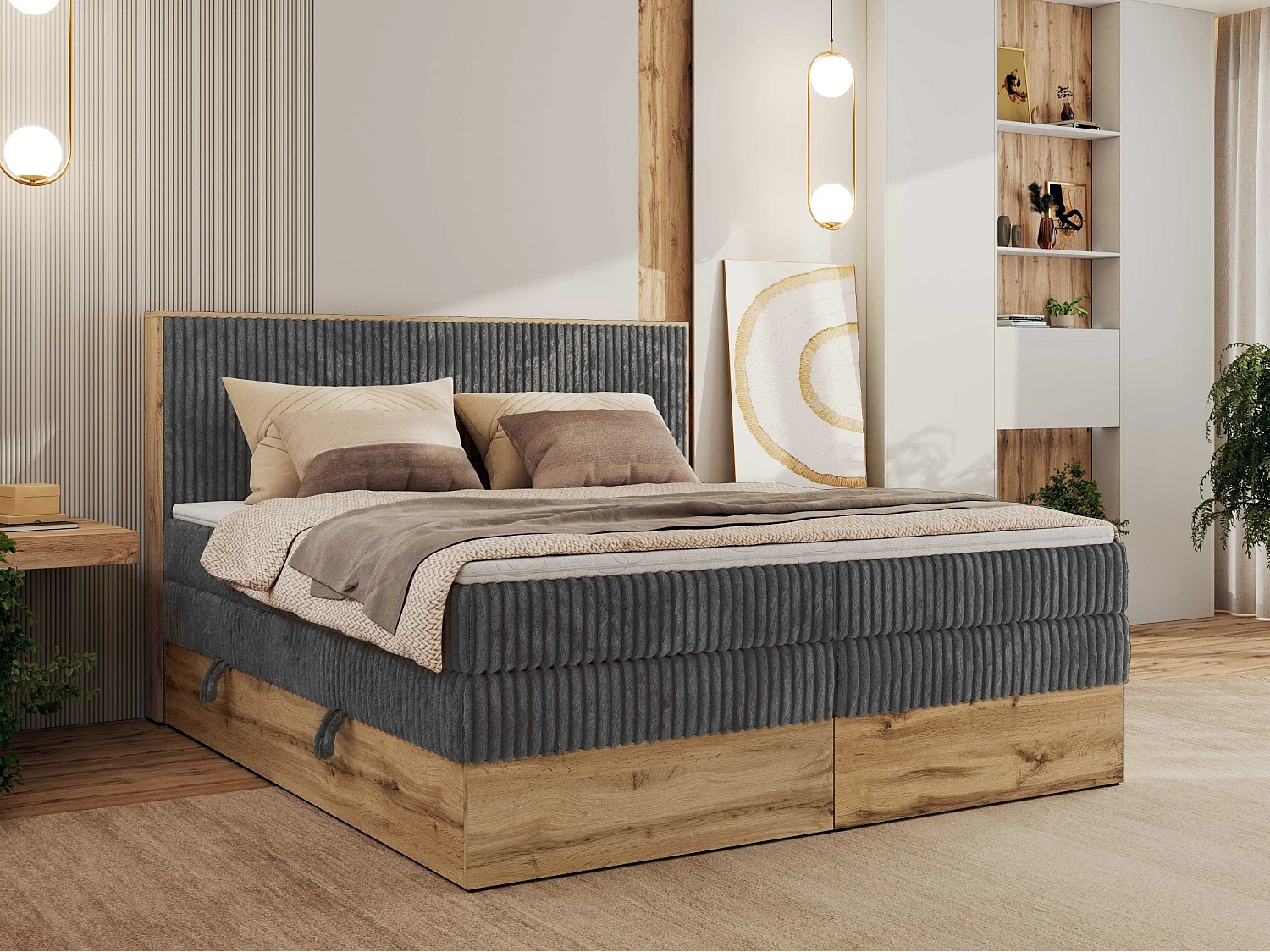 Boxspringbett WOOD CLASSIC KING - Polsterbett mit hohe Kopfteil, zwei Multipocket-Matratze, Bettkästen - 160x200 cm - H4 - Grau Cord