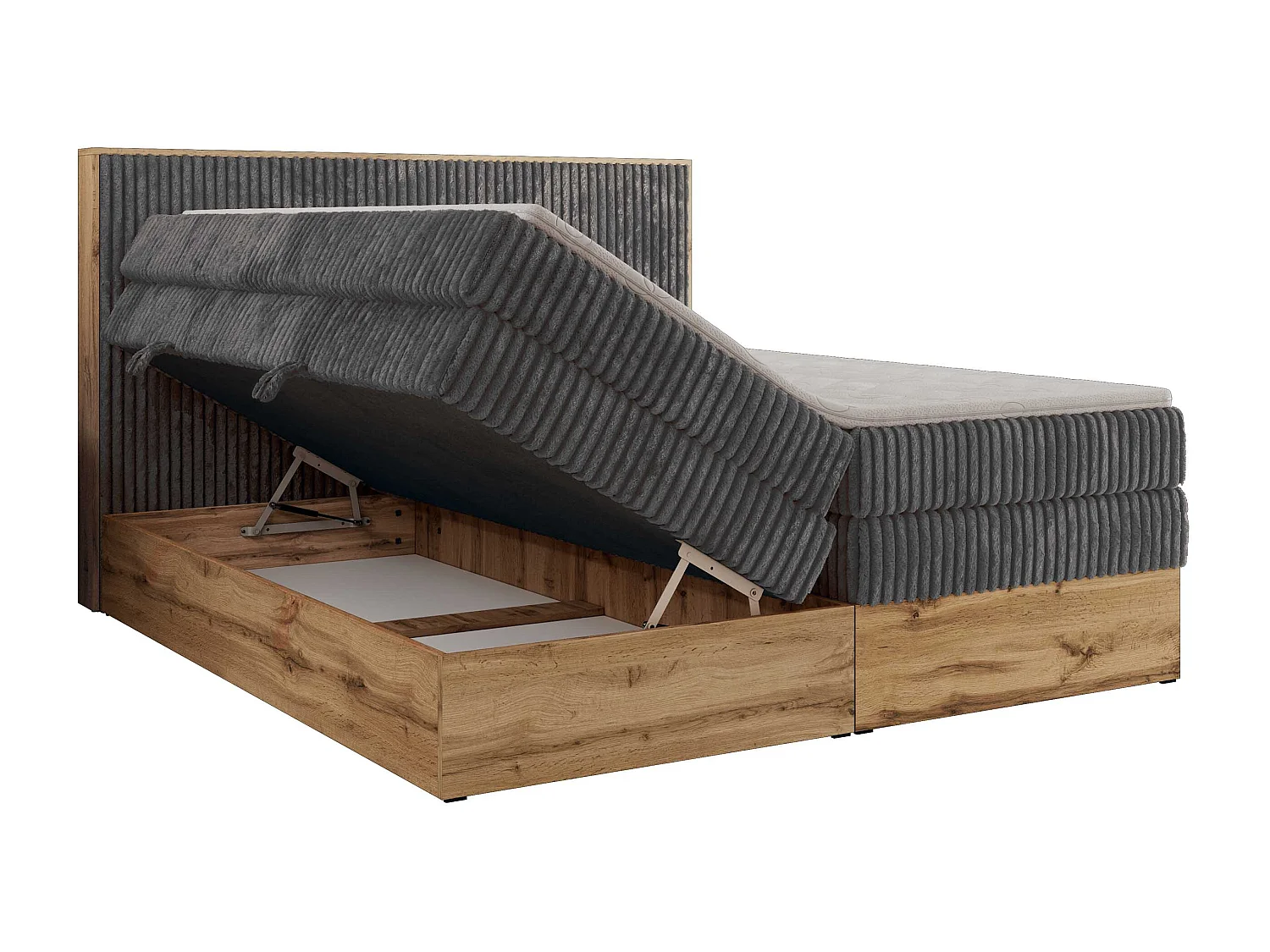 Boxspringbett WOOD CLASSIC KING - Polsterbett mit hohe Kopfteil, zwei Multipocket-Matratze, Bettkästen - 160x200 cm - H4 - Grau Cord