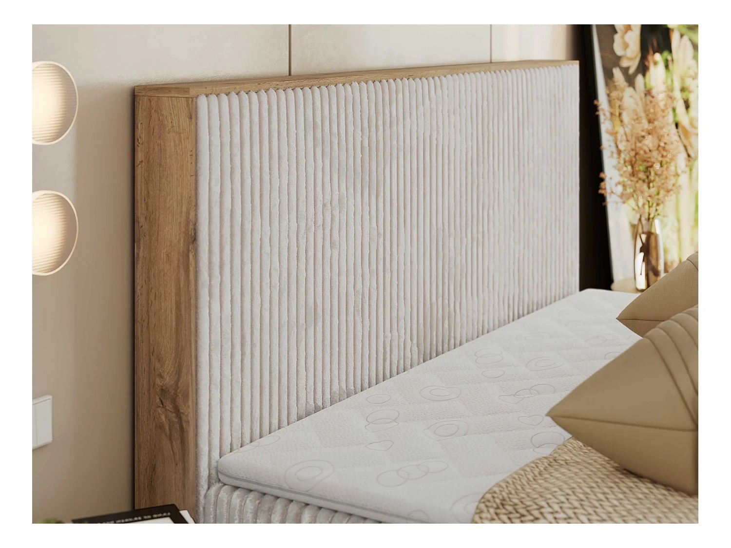 Boxspringbett WOOD CLASSIC - Doppelbett für Schlafzimmer, Set mit Multipocket-Matratze, Holzrahmen - 140x200 cm - H4 - Beige Cord