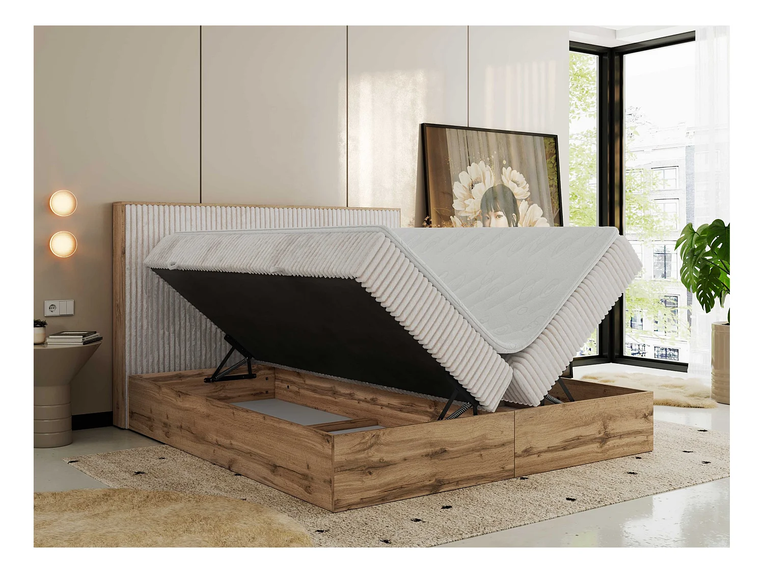 Boxspringbett WOOD CLASSIC - Doppelbett für Schlafzimmer, Set mit Multipocket-Matratze, Holzrahmen - 140x200 cm - H4 - Beige Cord