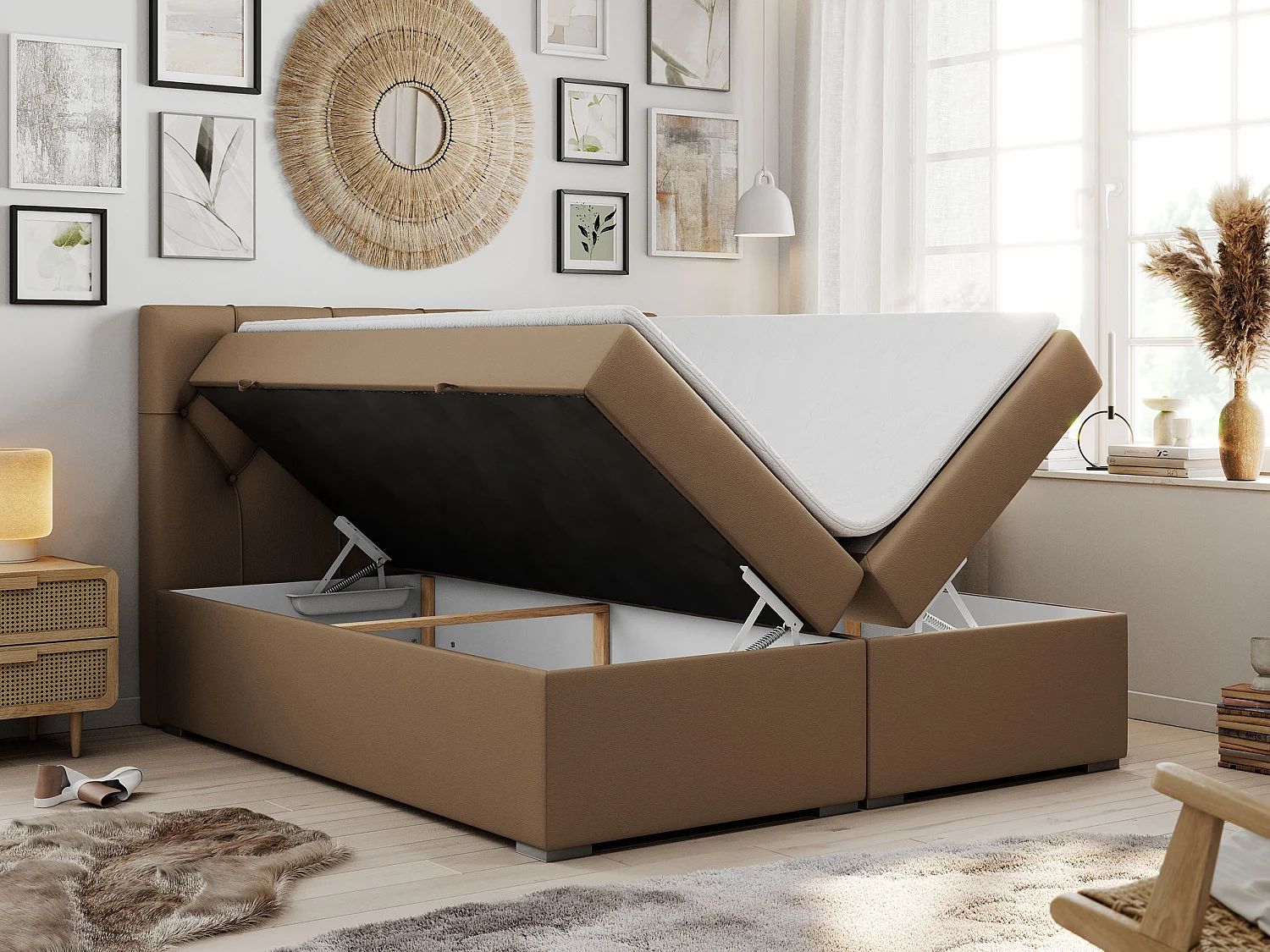 Boxspringbett ALDA - Doppelbett mit gestepptem Kopfteil, Multipocket-Matratze und Topper, zwei Bettkästen - 160x200 cm - H4 - Braun Kunstleder