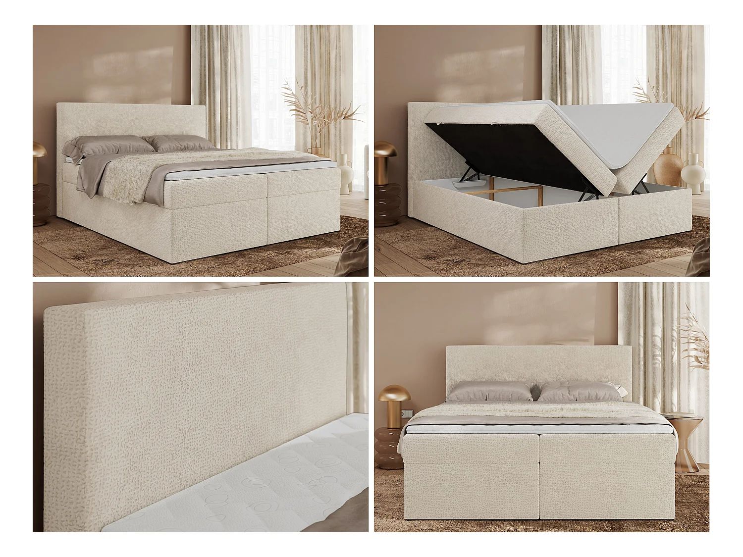Boxspringbett JAGUAR - Doppelbett mit Multipocket-Matratze und Topper, Struktur dekostoff, zwei Bettkästen - 180x200 cm - H3 - Hellbeige Struktur