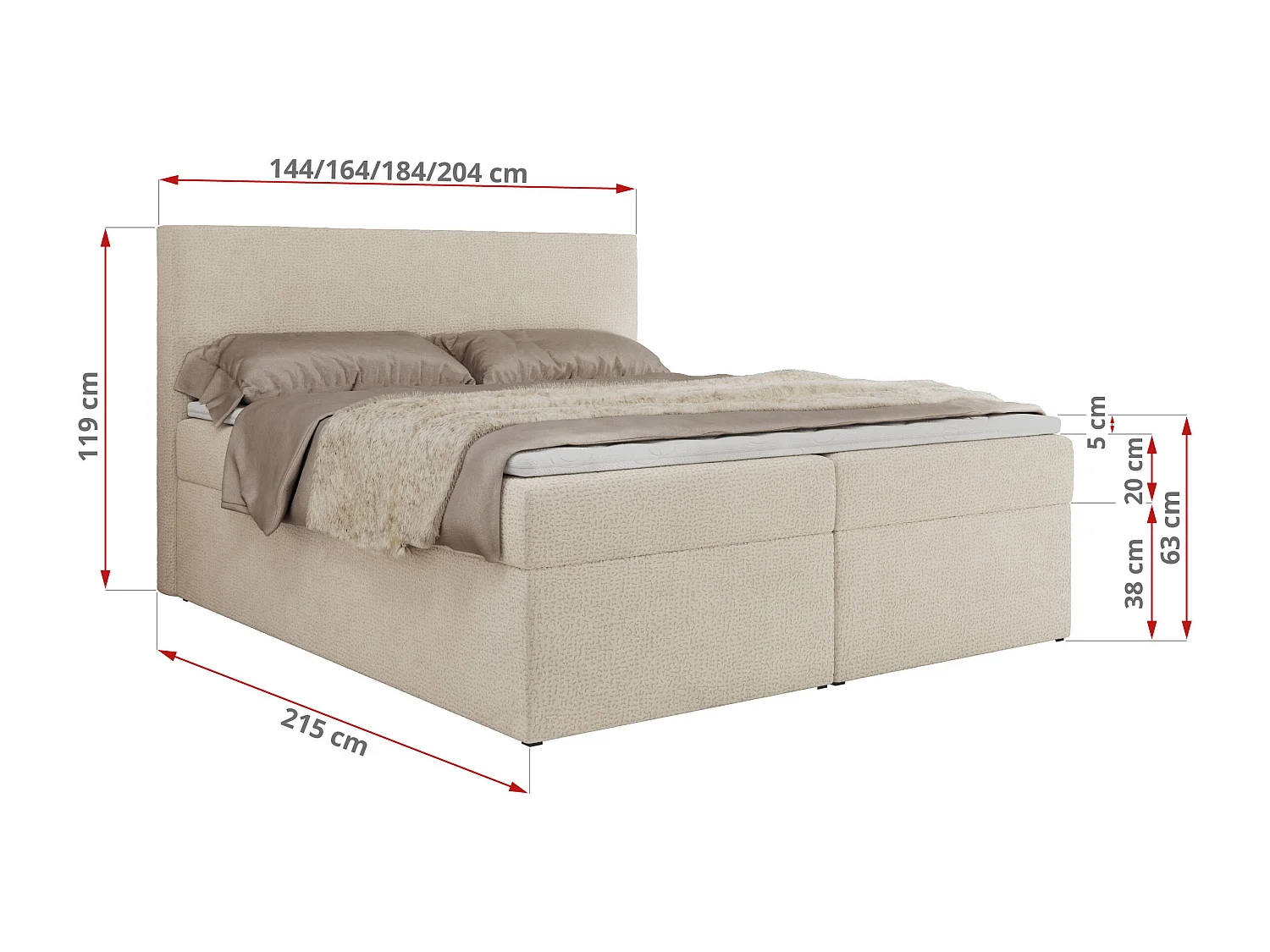 Boxspringbett JAGUAR - Doppelbett mit Multipocket-Matratze und Topper, Struktur dekostoff, zwei Bettkästen - 180x200 cm - H3 - Hellbeige Struktur