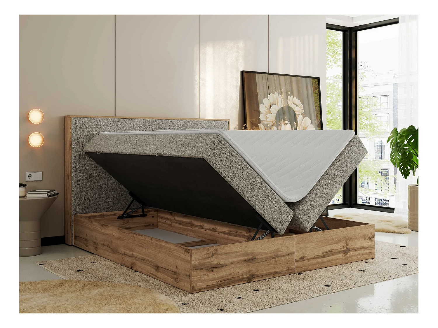 Boxspringbett WOOD CLASSIC - Doppelbett für Schlafzimmer, Set mit Multipocket-Matratze, Holzrahmen - 200x200 cm - H4 - Dunkelbeige Strukture