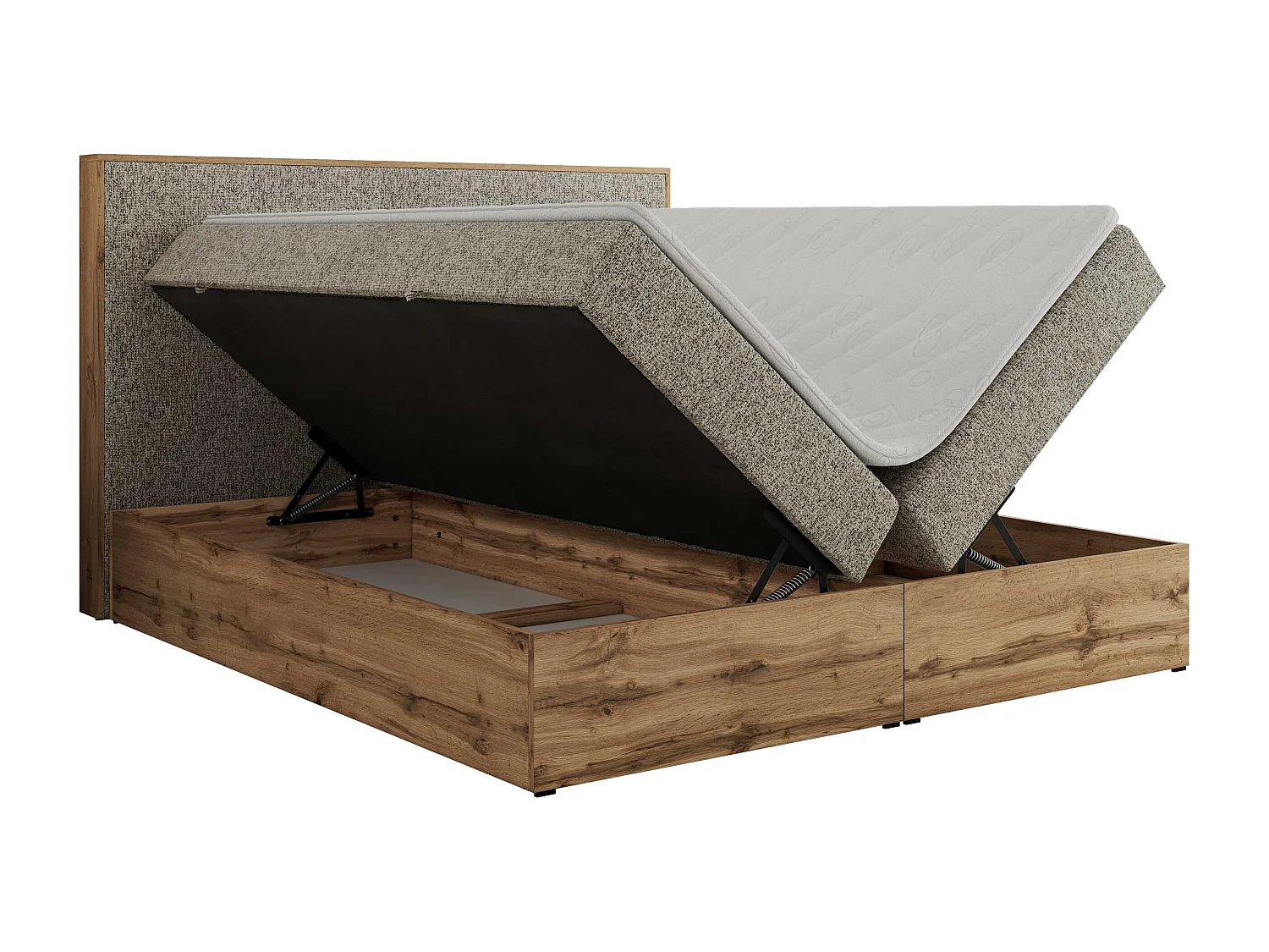 Boxspringbett WOOD CLASSIC - Doppelbett für Schlafzimmer, Set mit Multipocket-Matratze, Holzrahmen - 200x200 cm - H4 - Dunkelbeige Strukture