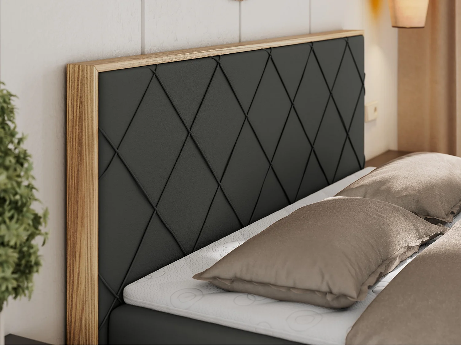 Boxspringbett CAICOS - mit gestepptem Kopfteil, Multipocket-Matratze und Topper, Holzelementen - 140x200 cm - H4 - Dunkelgrau Kunstleder