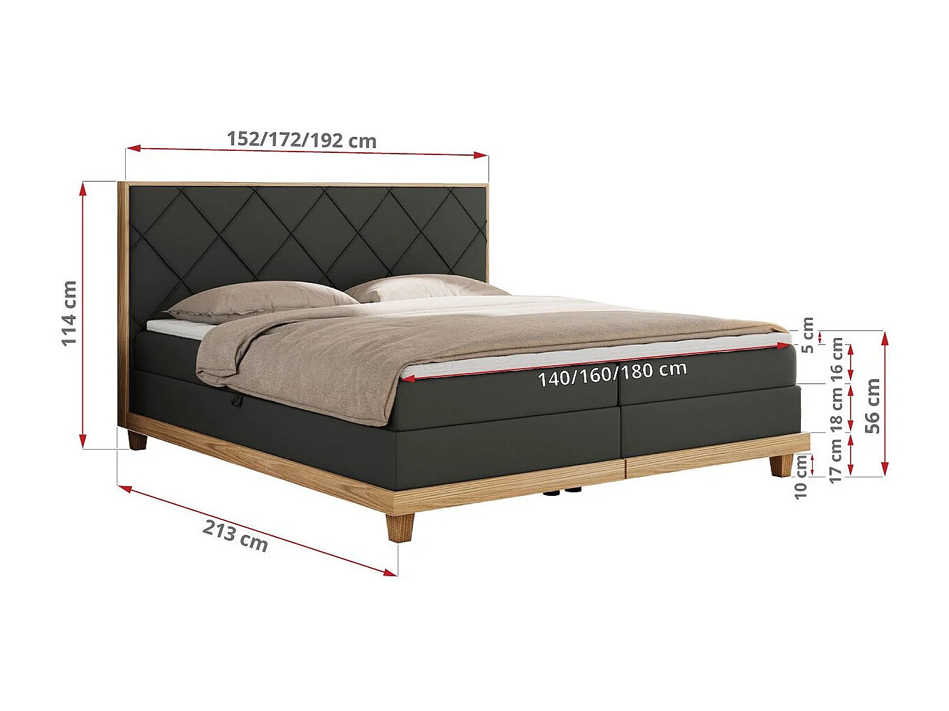 Boxspringbett CAICOS - mit gestepptem Kopfteil, Multipocket-Matratze und Topper, Holzelementen - 140x200 cm - H4 - Dunkelgrau Kunstleder