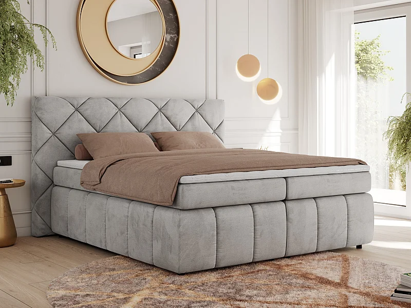 Boxspringbett RITA - Set mit Kopfteil, Multipocket-Matratze und Topper, Doppelbett für Schlafzimmer - 140x200 cm - H3 - Hellgrau Velvet