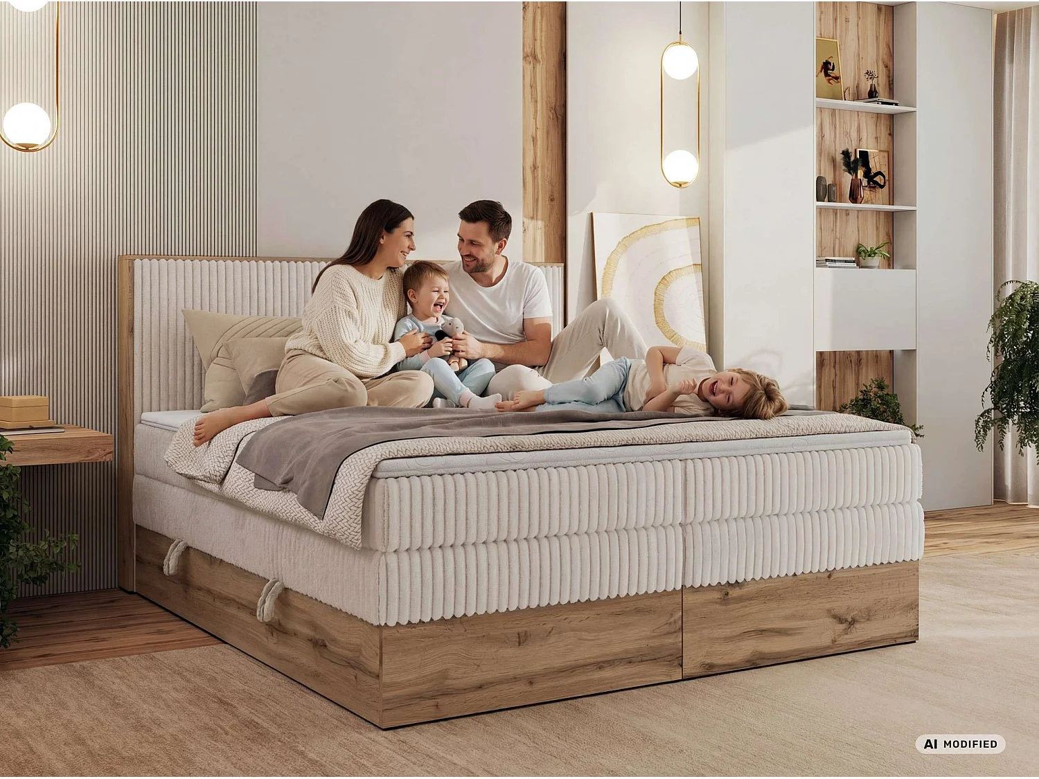 Lit boxspring - Dureté H4 + Topper T25 - Beige Tissu texturé - 140x200 - WOOD CLASSIC KING