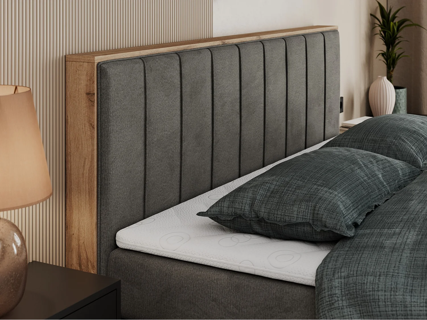 Boxspringbett BELLISSIMO KING - für Schlafzimmer, zwei Multipocket-Matratzen, Set mit Kopfteil und Topper, Holzrahmen - 160x200 cm - H3 - Dunkelgrau Velvet