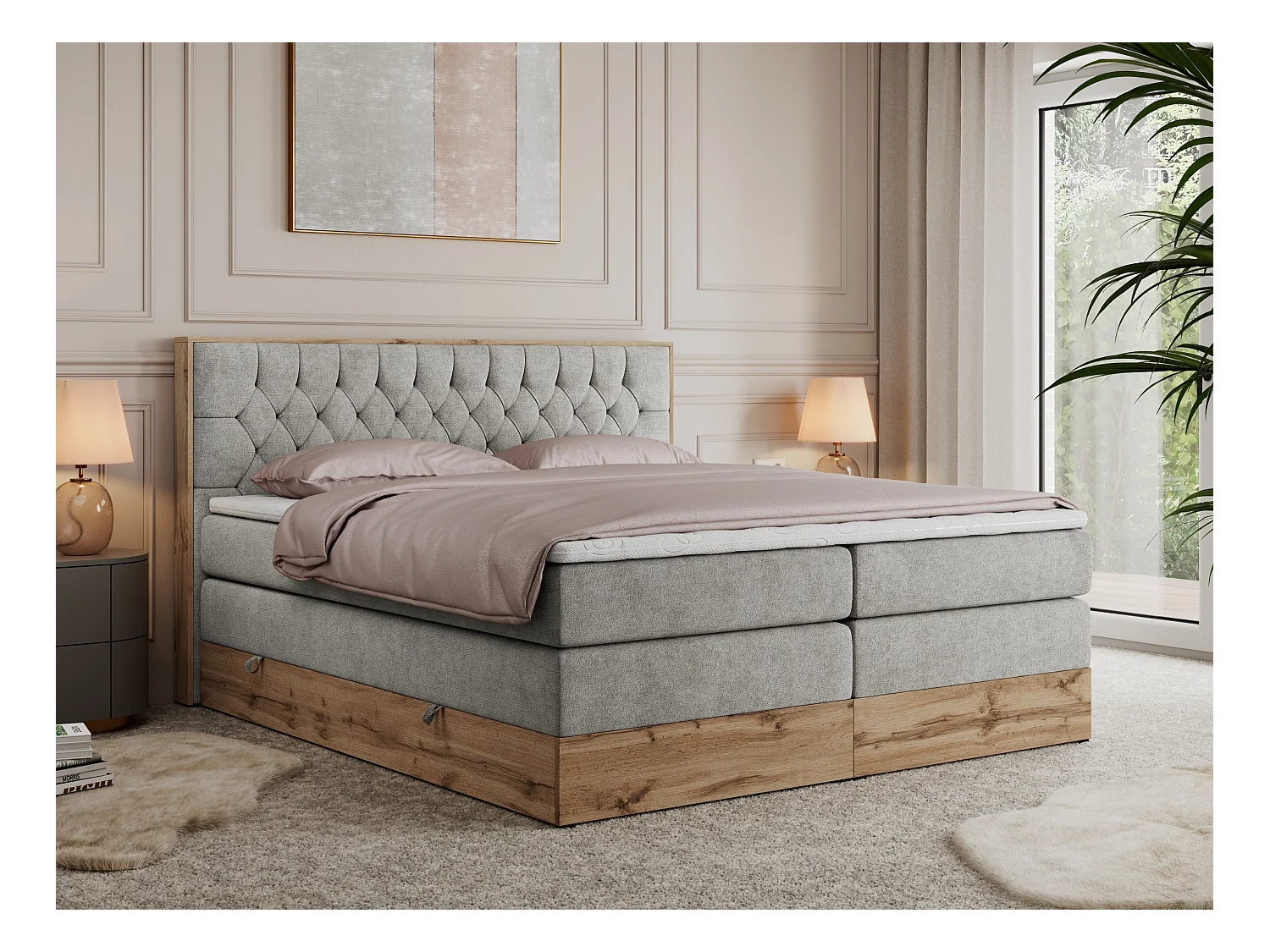 Boxspringbett AMORE KING - gesteppte Kopfstütze, Polsterbett mit zwei Multipocket-Matratzen, Holzrahmen - 180x200 cm - H3 - Hellgrau Strukture